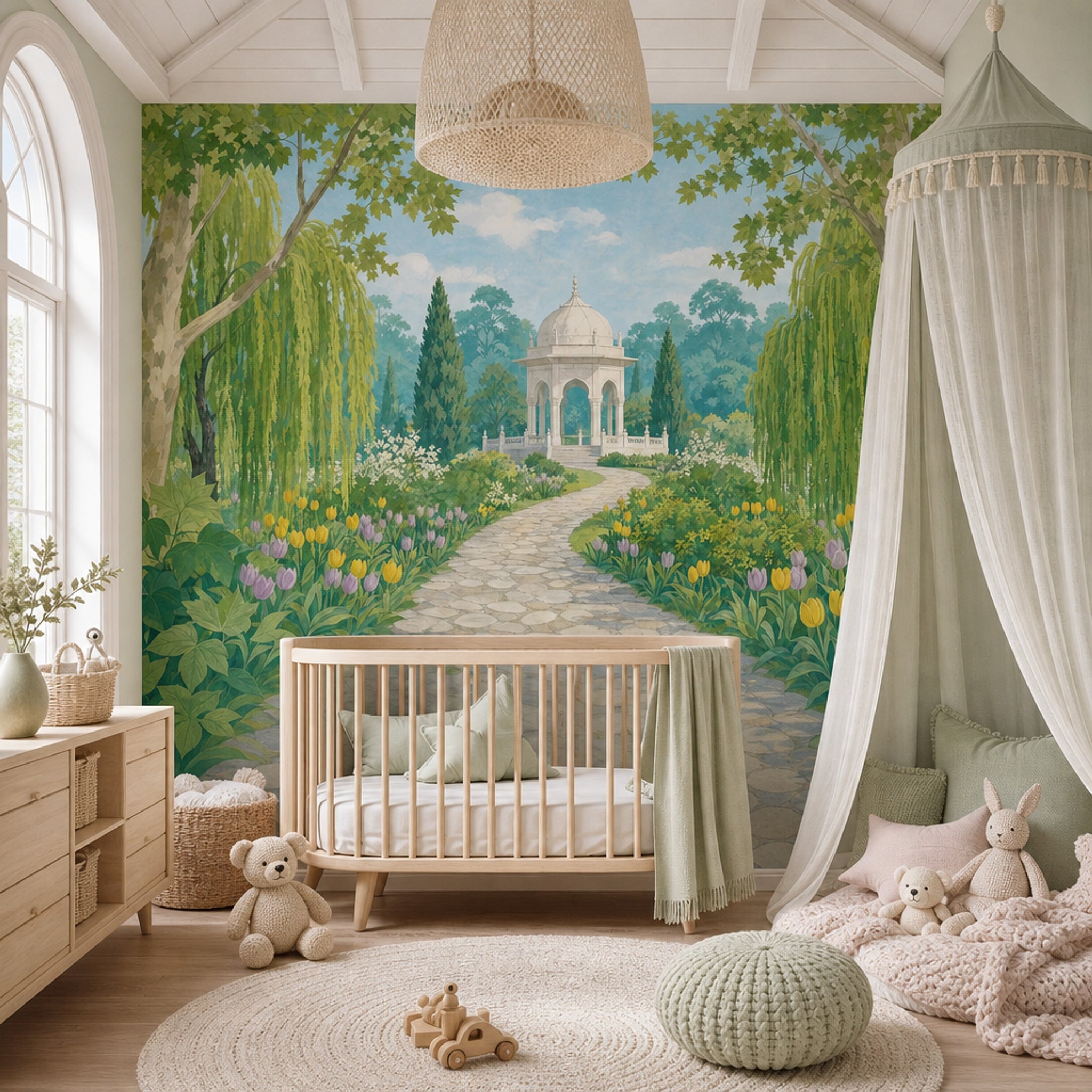 Garden Landscape Wallpaper Watercolor Mural White Domed Gazebo Removable Wall Decor