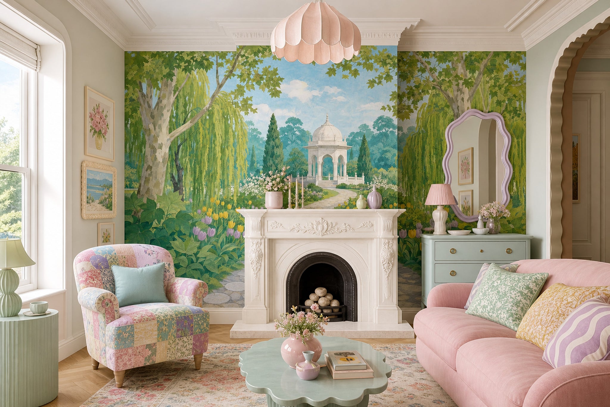 Garden Landscape Wallpaper Watercolor Mural White Domed Gazebo Removable Wall Decor