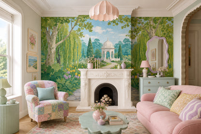 Garden Landscape Wallpaper Watercolor Mural White Domed Gazebo Removable Wall Decor