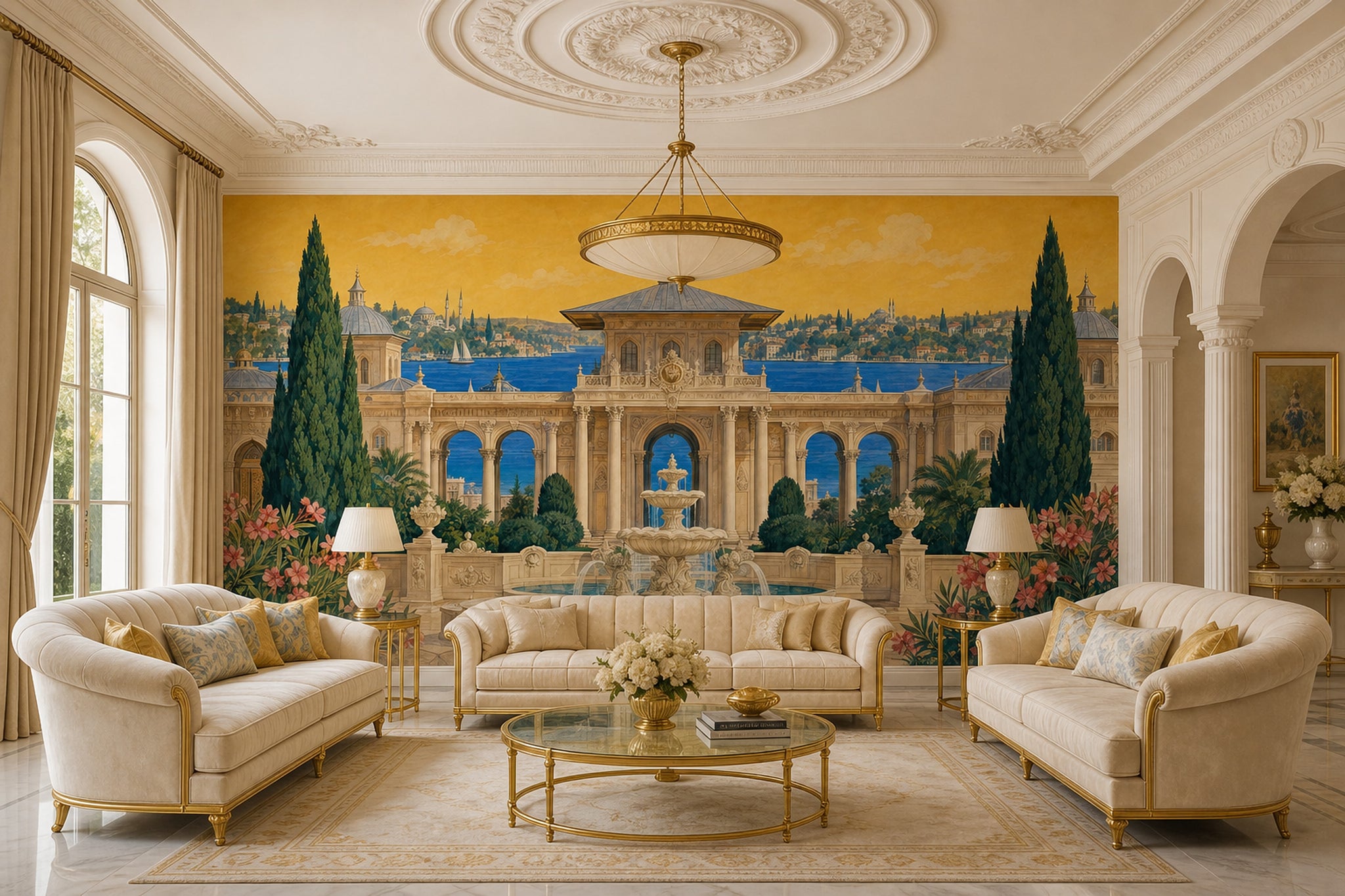 Mediterranean Landscape Wallpaper Classical Architecture Removable Ornate Fountain Wall Decor