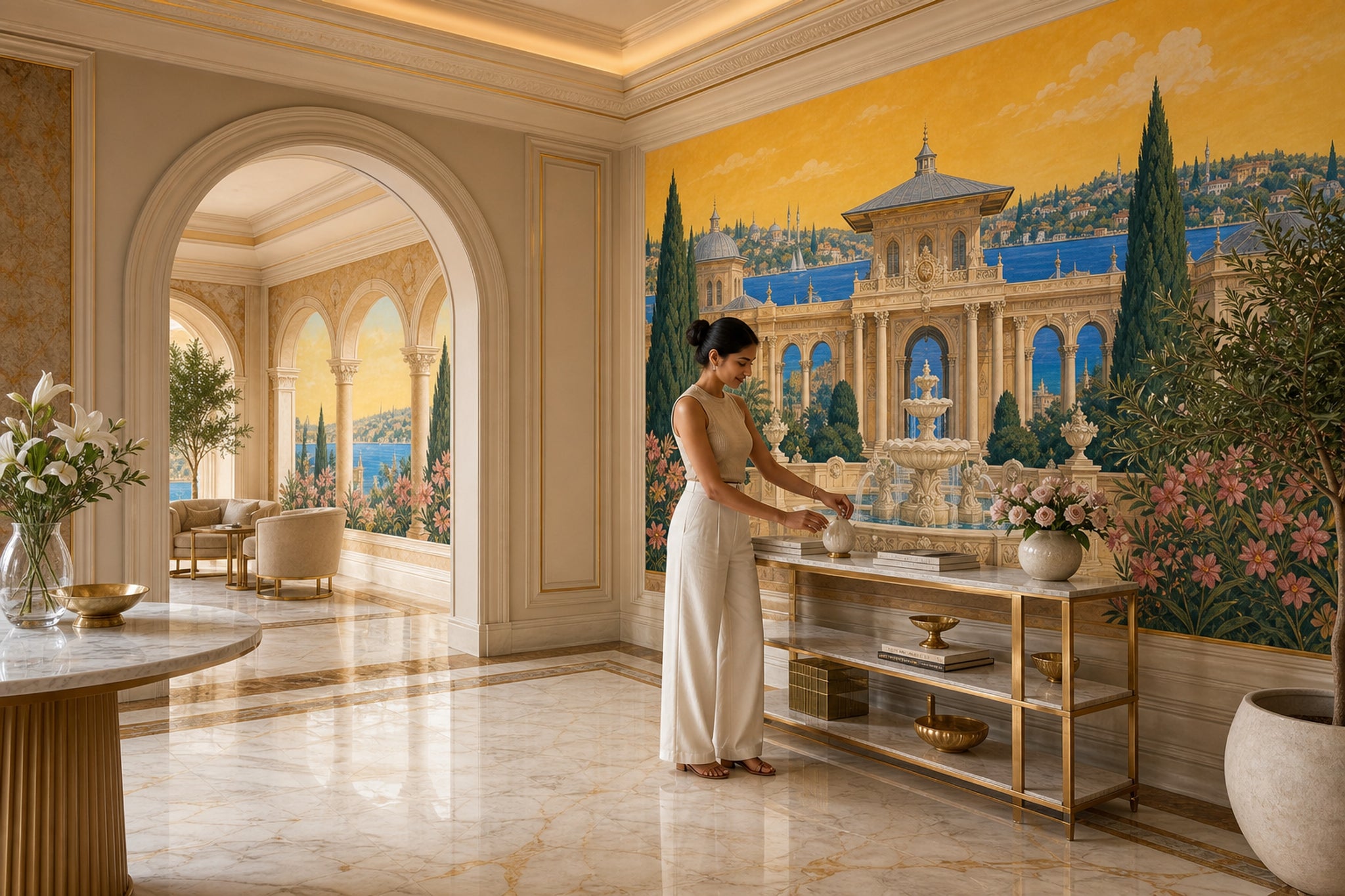 Mediterranean Landscape Wallpaper Classical Architecture Removable Ornate Fountain Wall Decor