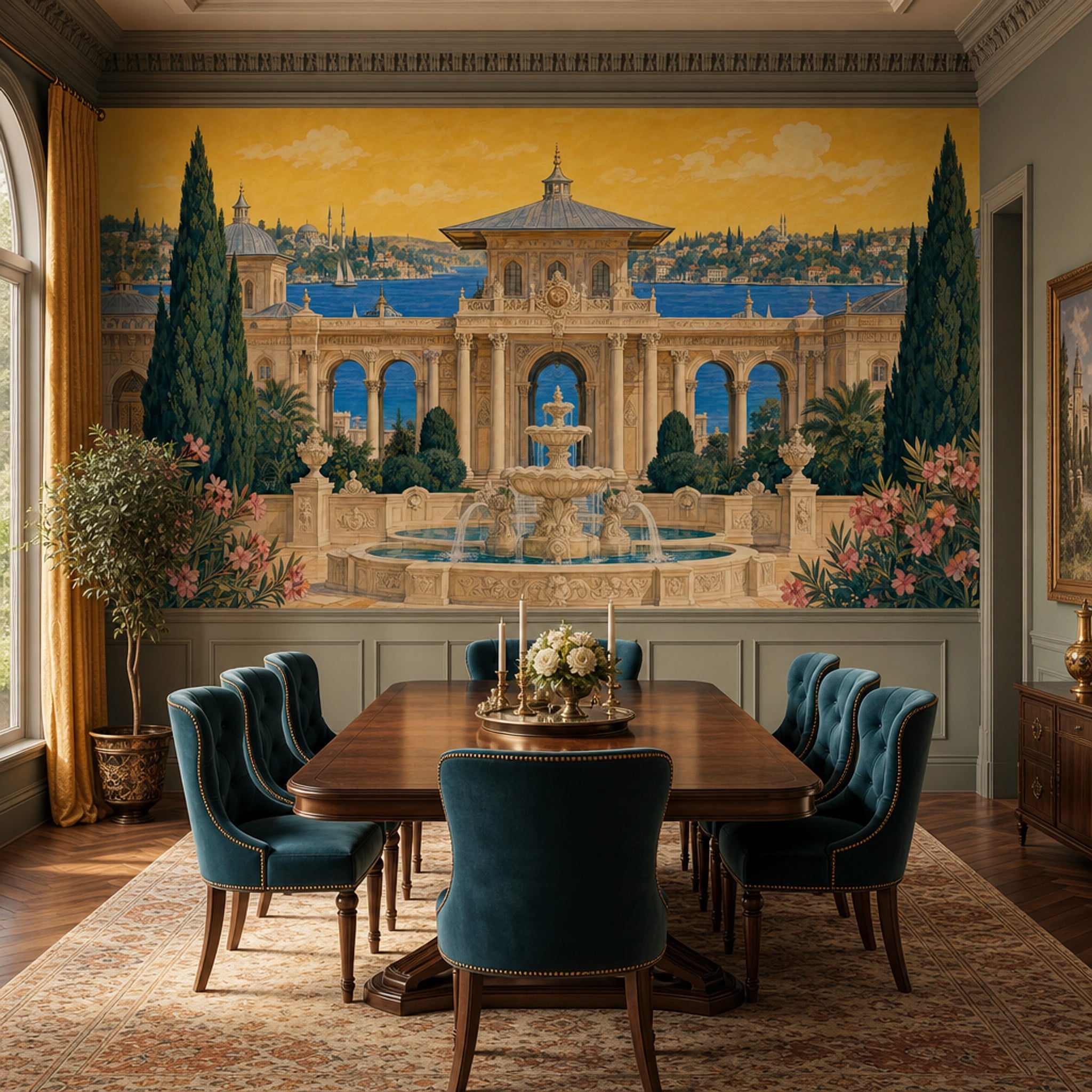 Mediterranean Landscape Wallpaper Classical Architecture Removable Ornate Fountain Wall Decor