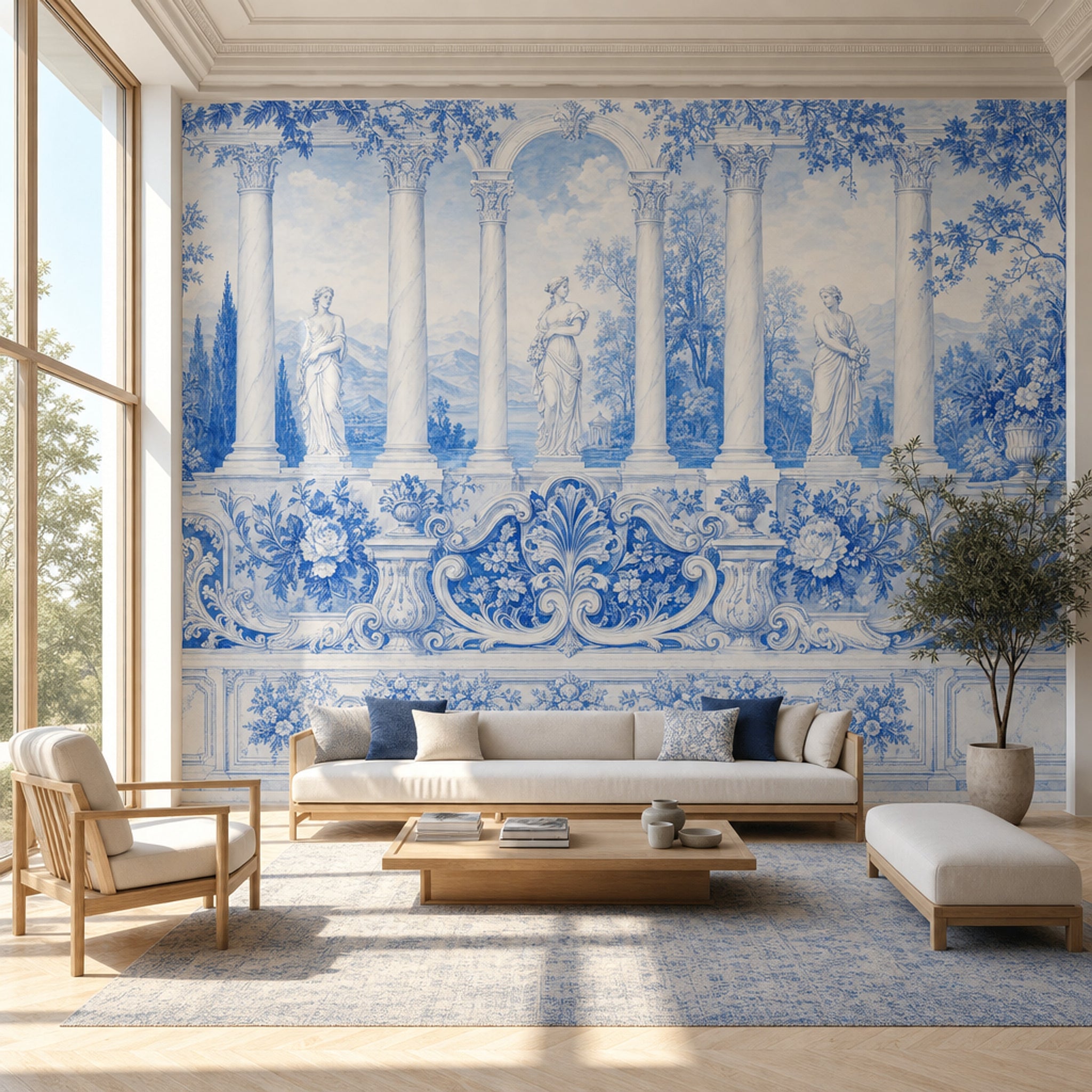 Scenic Landscape Wallpaper Neoclassical Garden Roman Statue Wall Mural