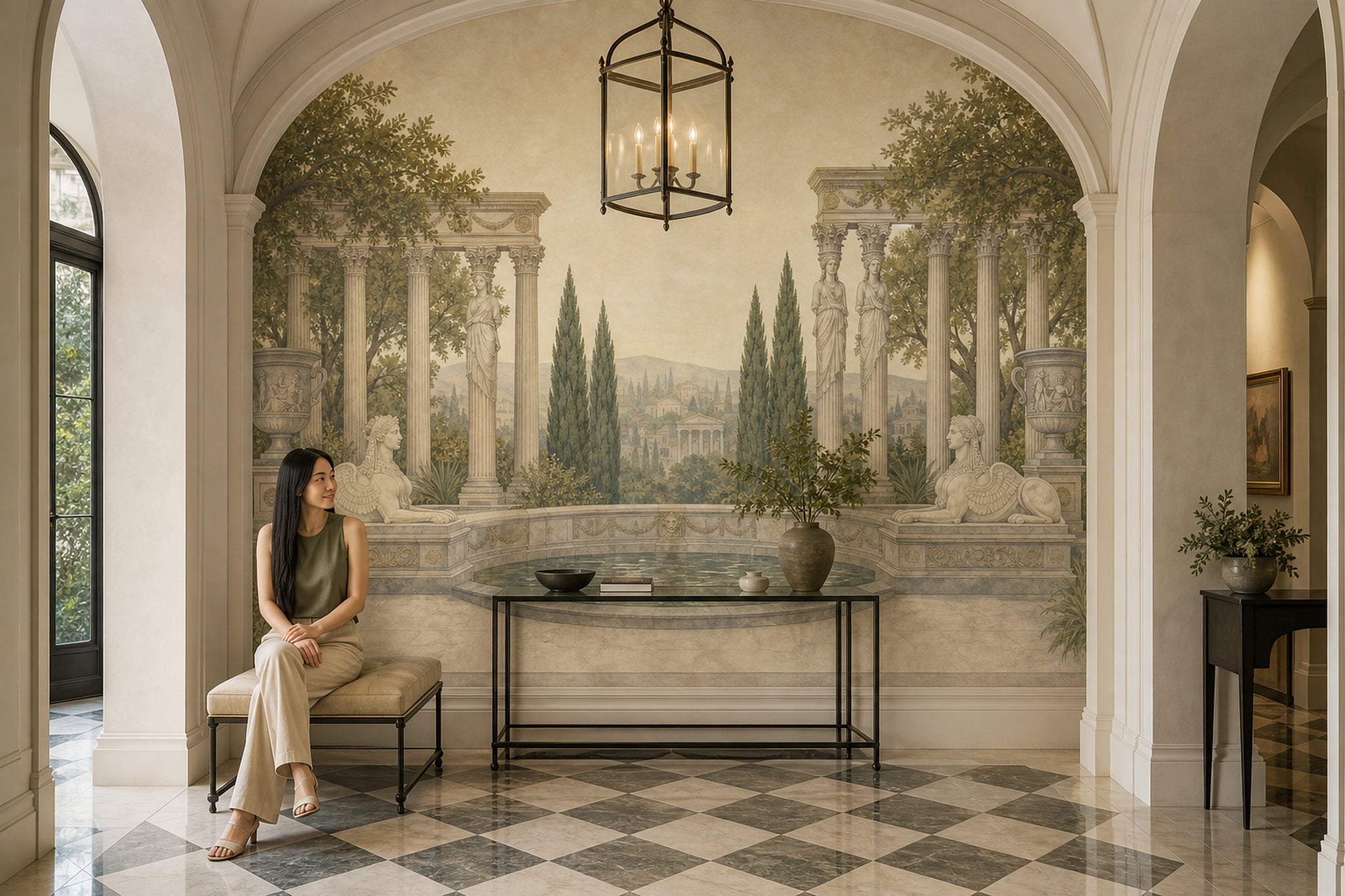 Classical Garden Wallpaper Roman Columns Removable Caryatid Statues Wall Decor