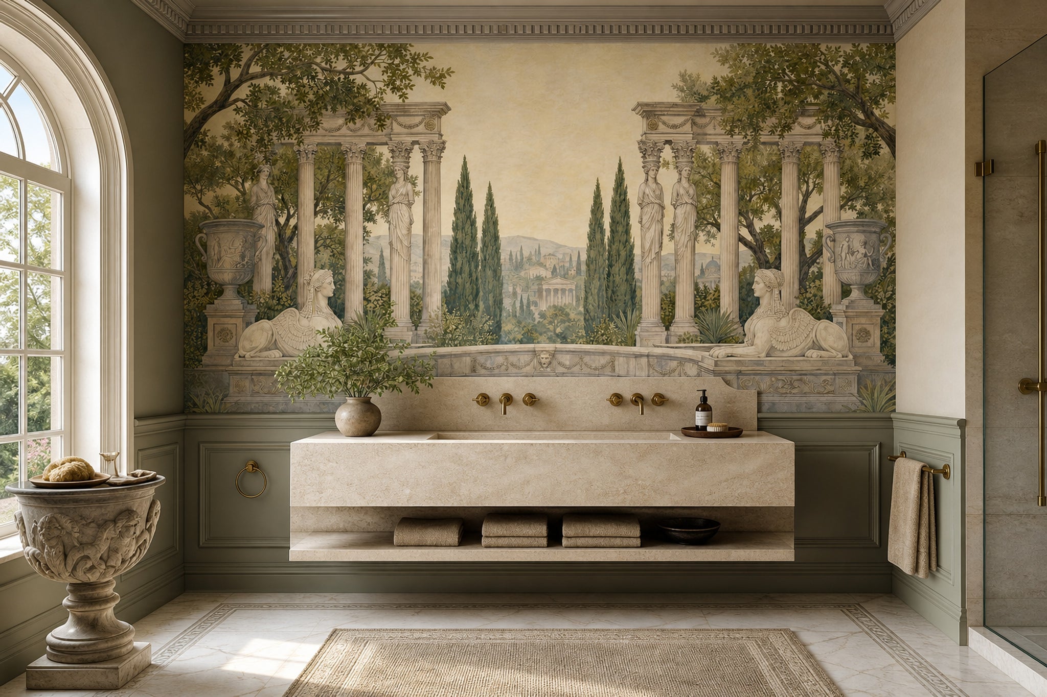 Classical Garden Wallpaper Roman Columns Removable Caryatid Statues Wall Decor