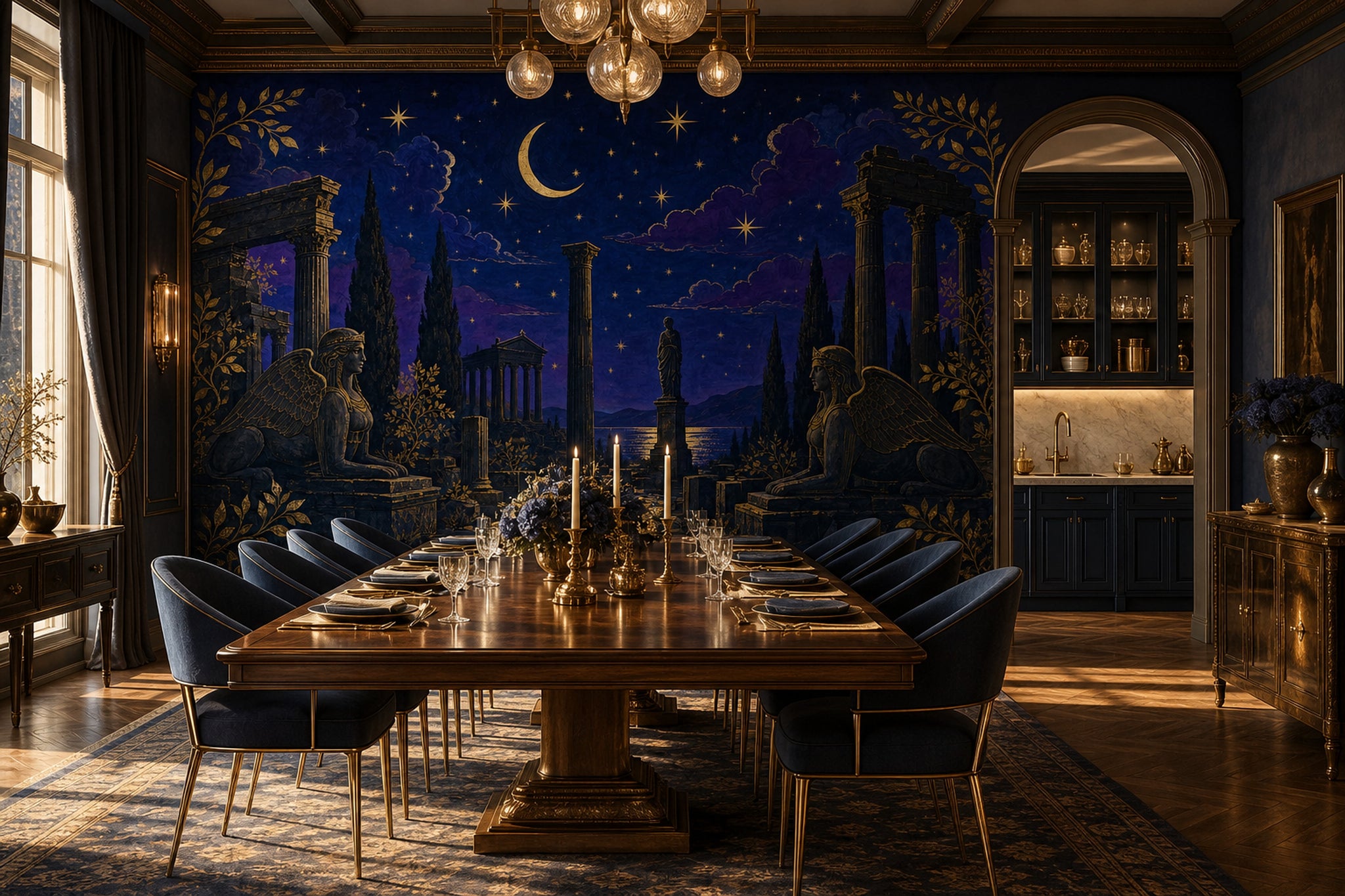 Night Sky Wallpaper Gold Stars Ancient Ruins Removable Wall Decor