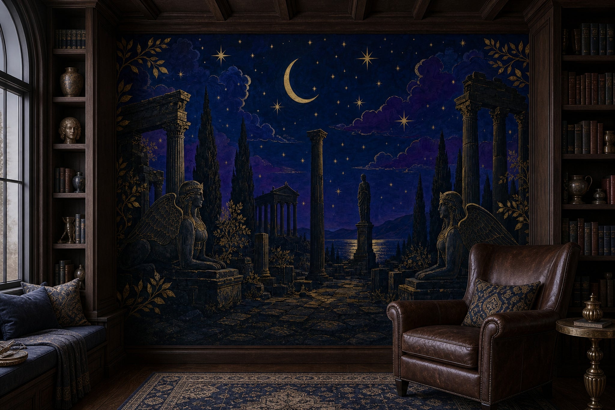 Night Sky Wallpaper Gold Stars Ancient Ruins Removable Wall Decor