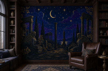 Night Sky Wallpaper Gold Stars Ancient Ruins Removable Wall Decor