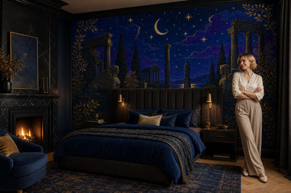 Night Sky Wallpaper Gold Stars Ancient Ruins Removable Wall Decor