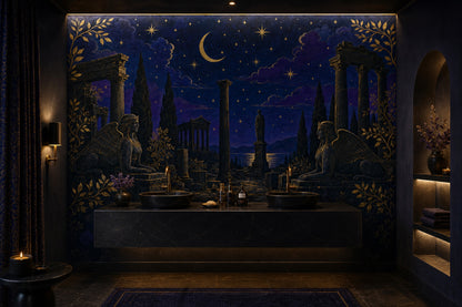 Night Sky Wallpaper Gold Stars Ancient Ruins Removable Wall Decor
