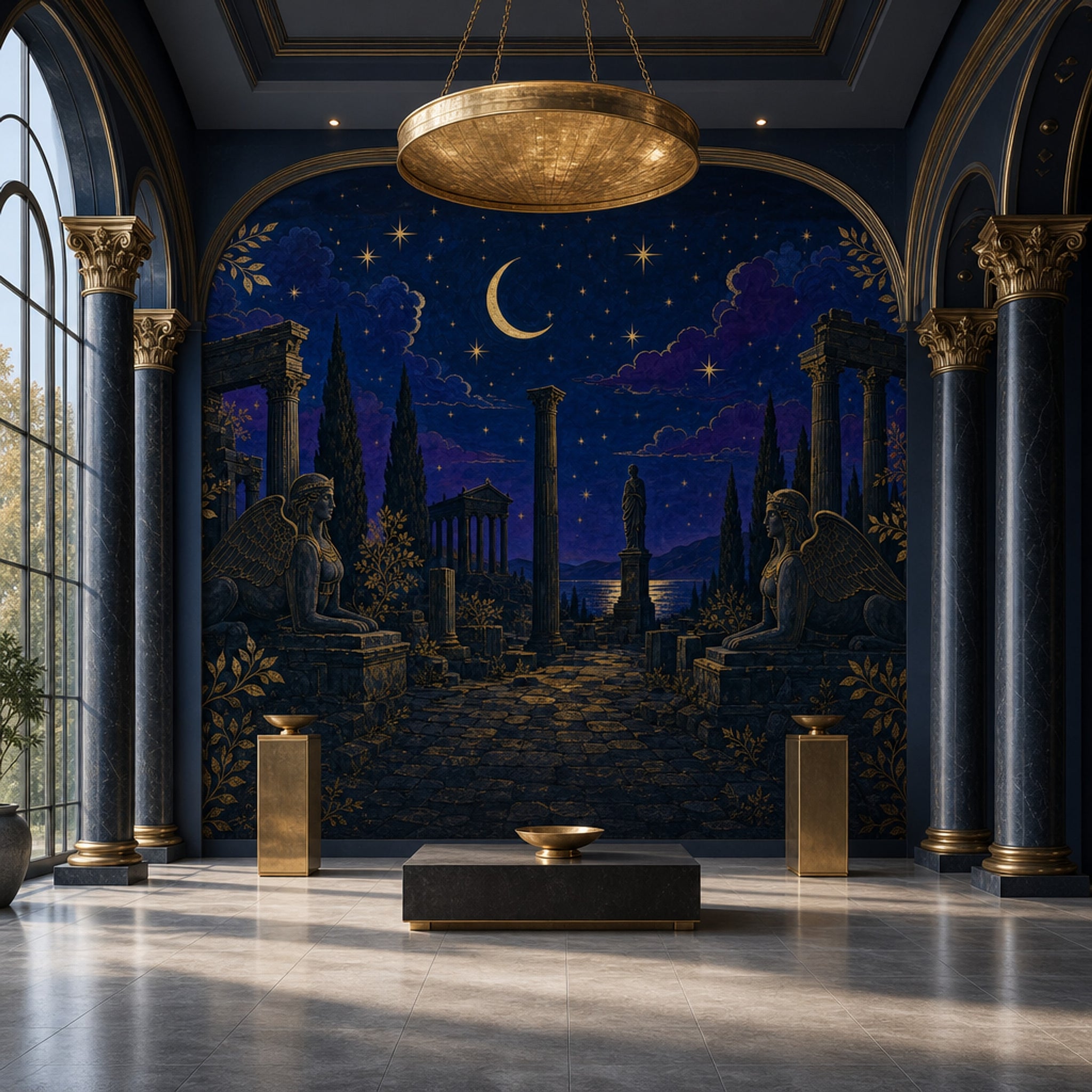 Night Sky Wallpaper Gold Stars Ancient Ruins Removable Wall Decor