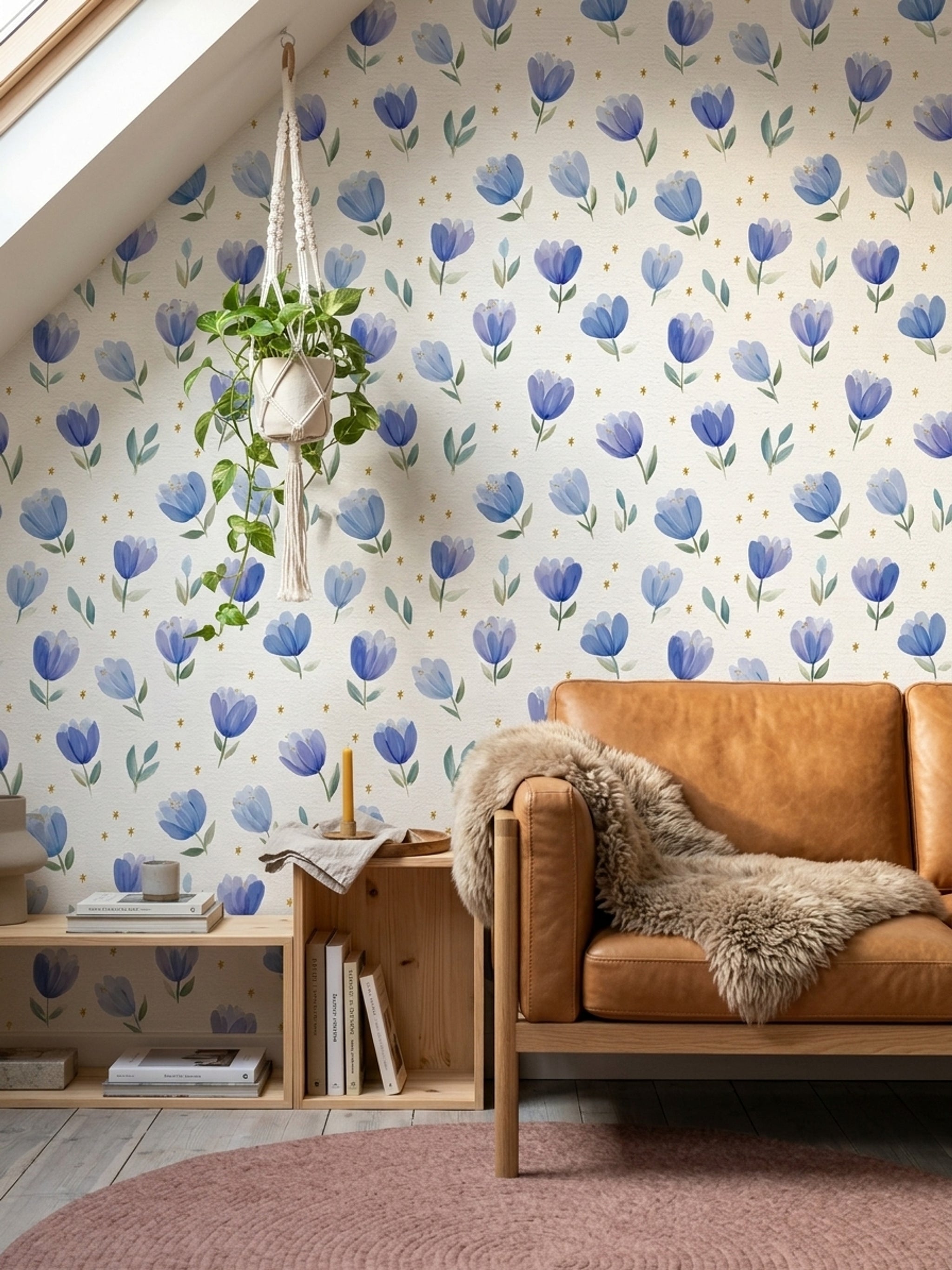 Blue Floral Wallpaper Tulip Pattern Removable Watercolor Flowers Wall Double Roll