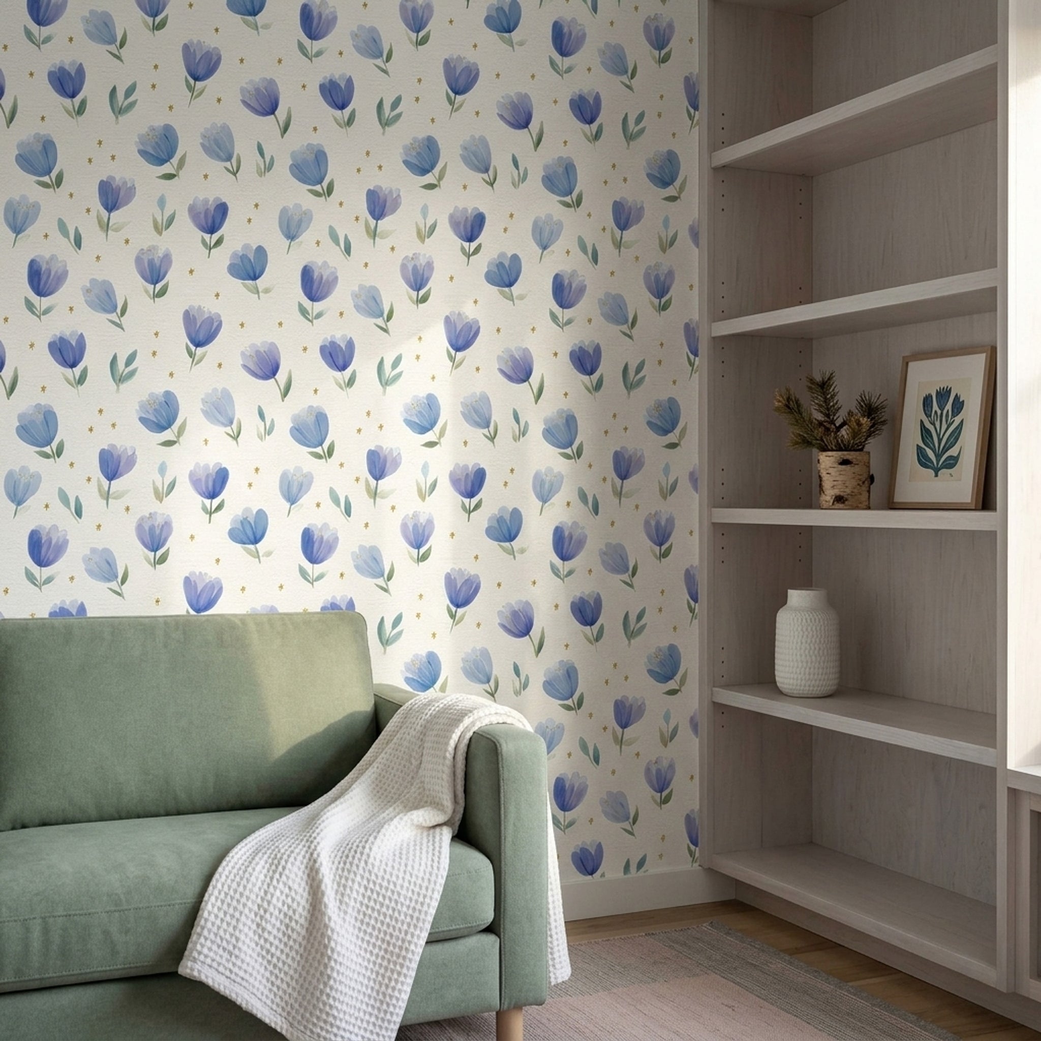 Blue Floral Wallpaper Tulip Pattern Removable Watercolor Flowers Wall Double Roll
