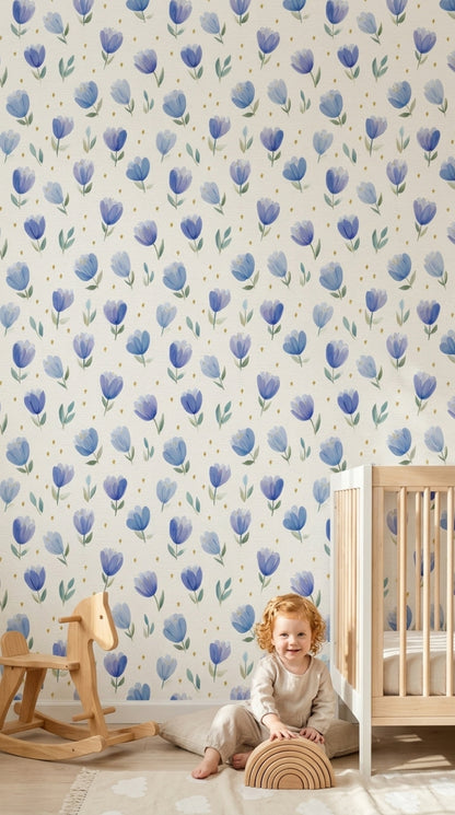 Blue Floral Wallpaper Tulip Pattern Removable Watercolor Flowers Wall Double Roll