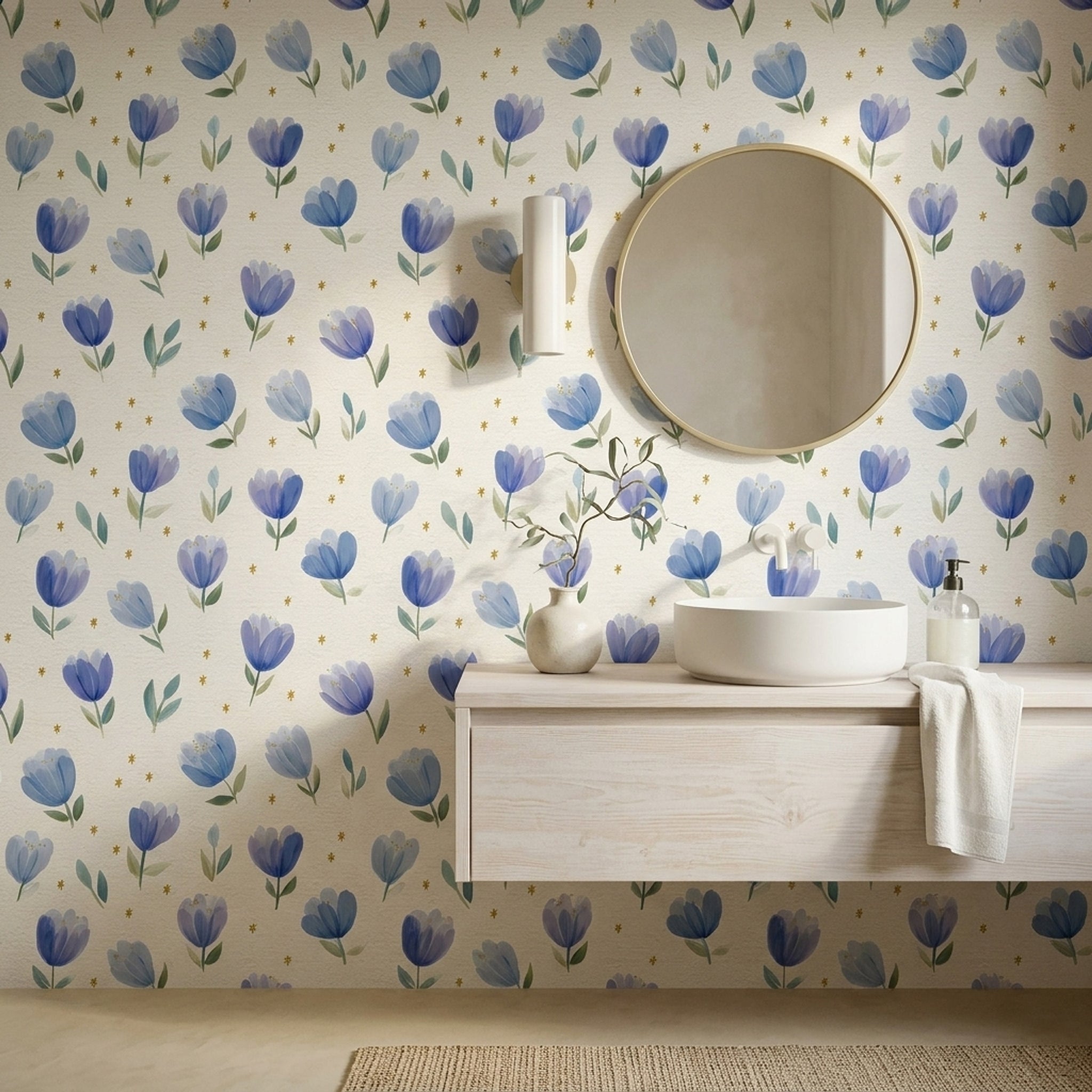 Blue Floral Wallpaper Tulip Pattern Removable Watercolor Flowers Wall Double Roll