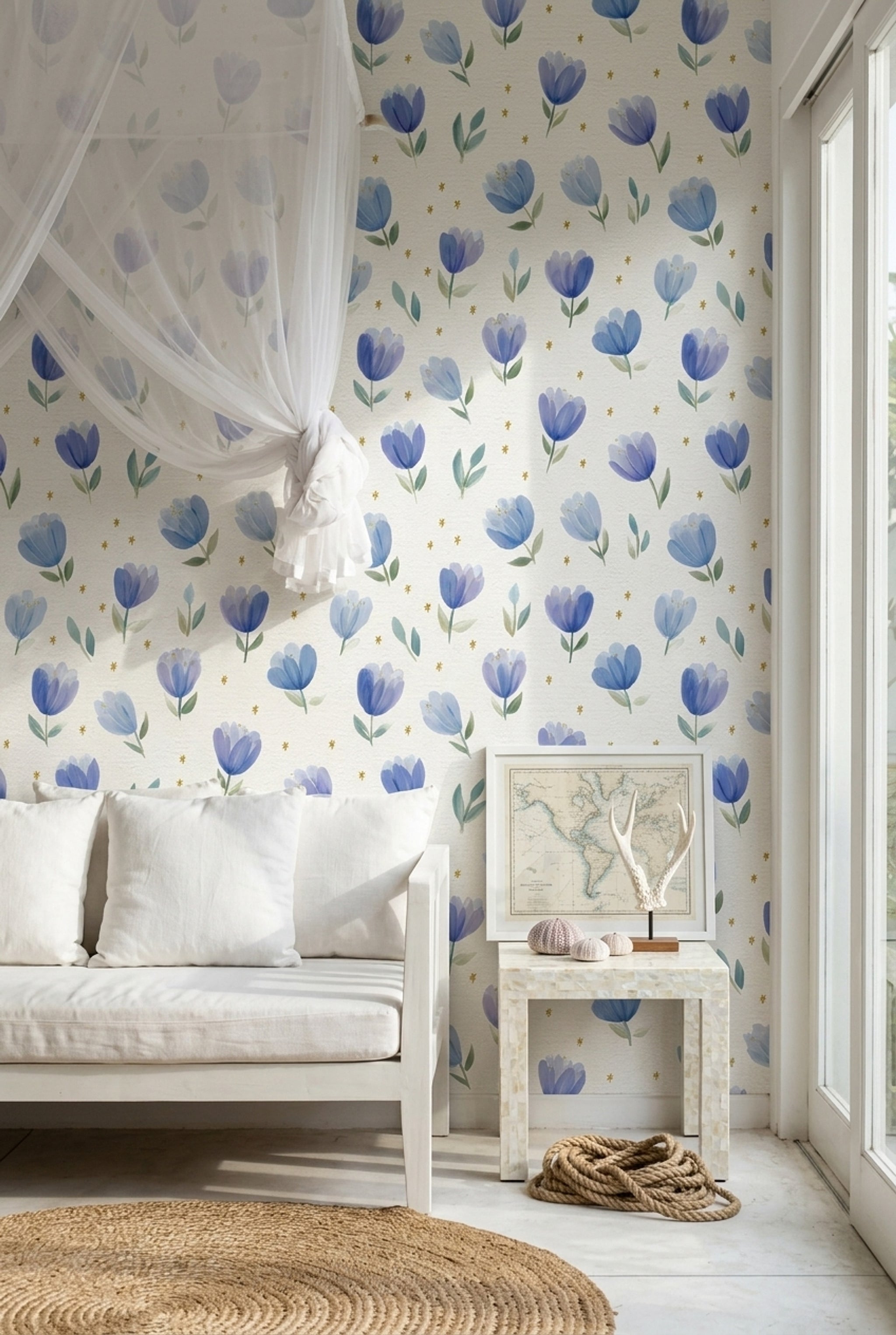 Blue Floral Wallpaper Tulip Pattern Removable Watercolor Flowers Wall Double Roll