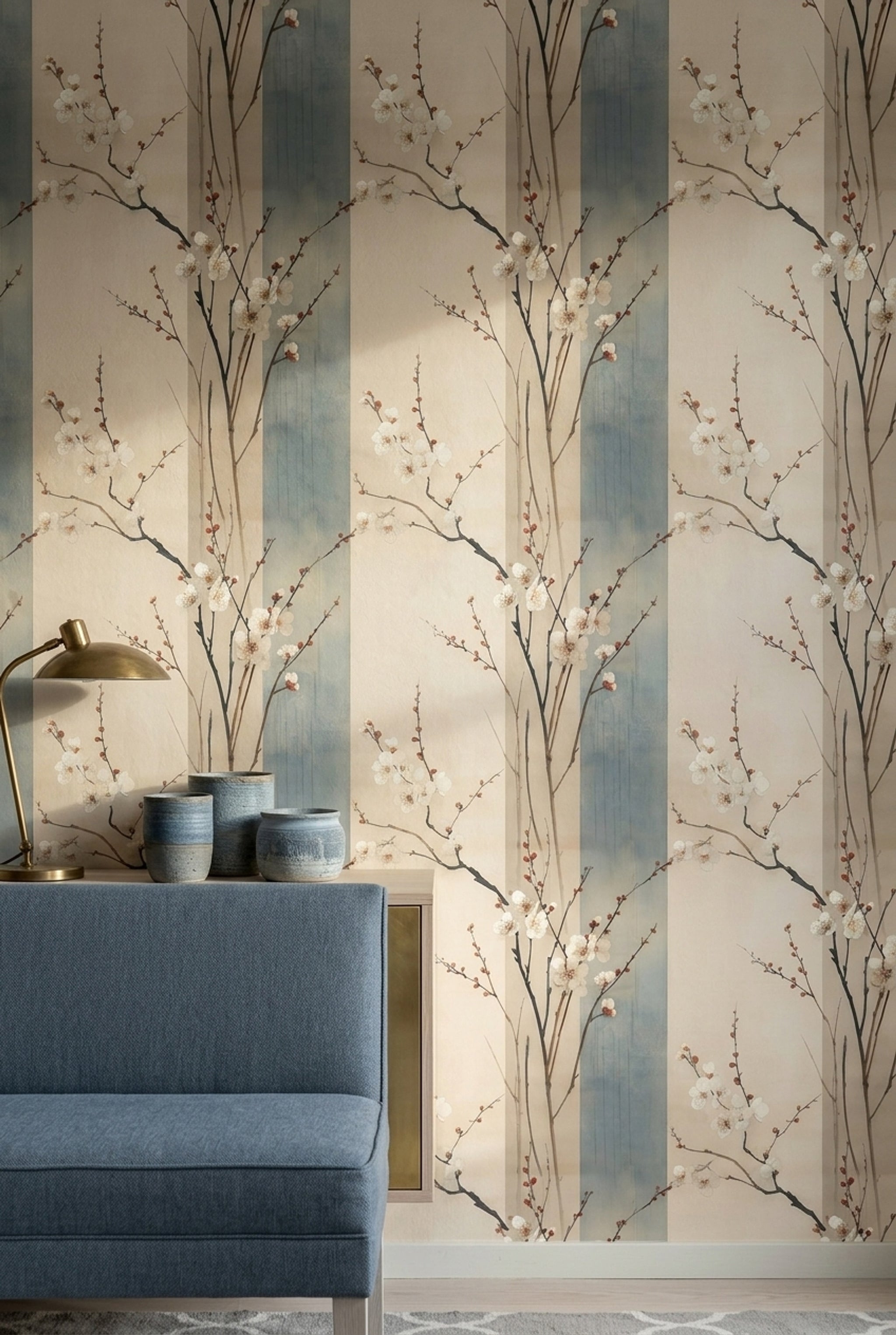 Floral Branches Wallpaper White Blossoms Removable Watercolor Wash Wall Double Roll
