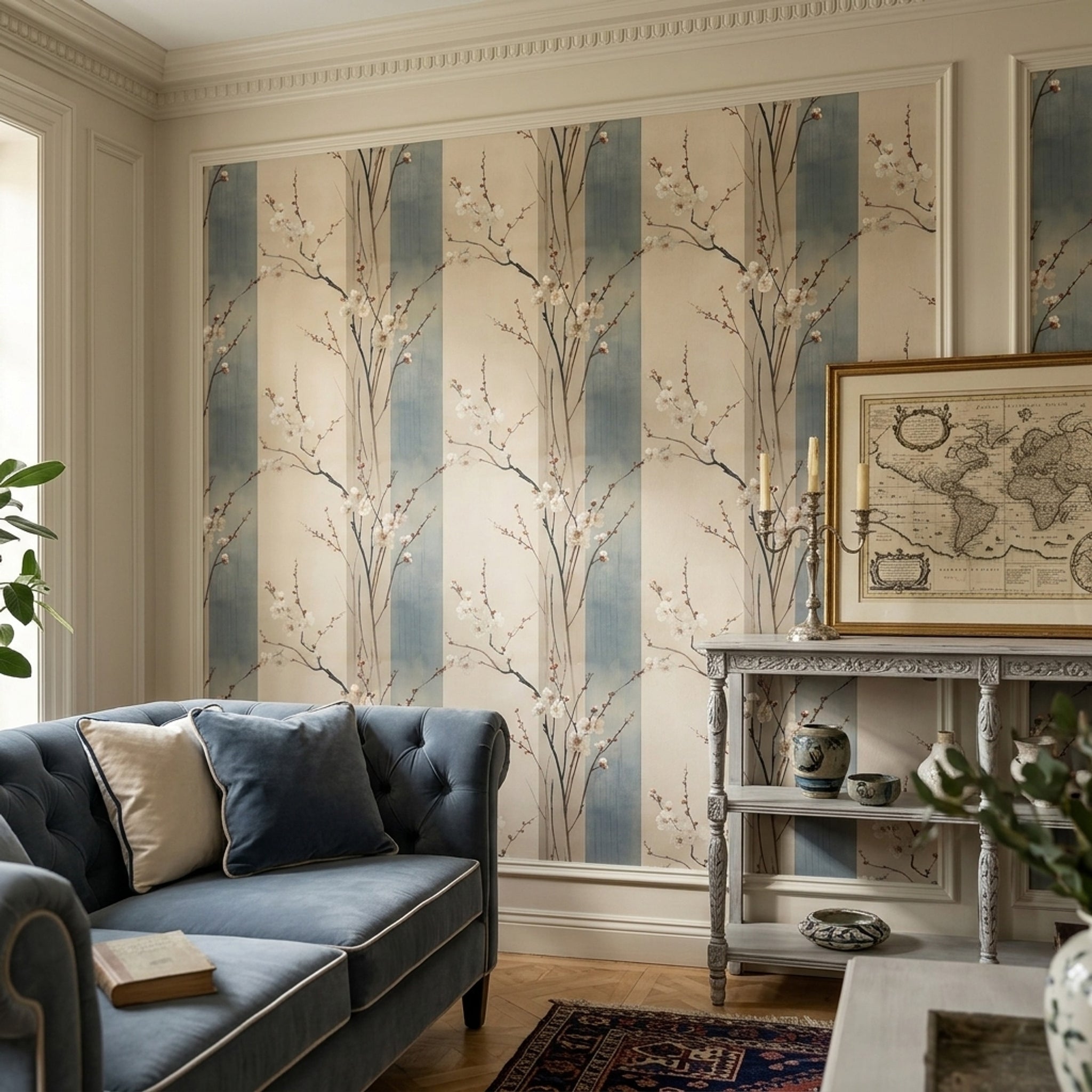 Floral Branches Wallpaper White Blossoms Removable Watercolor Wash Wall Double Roll