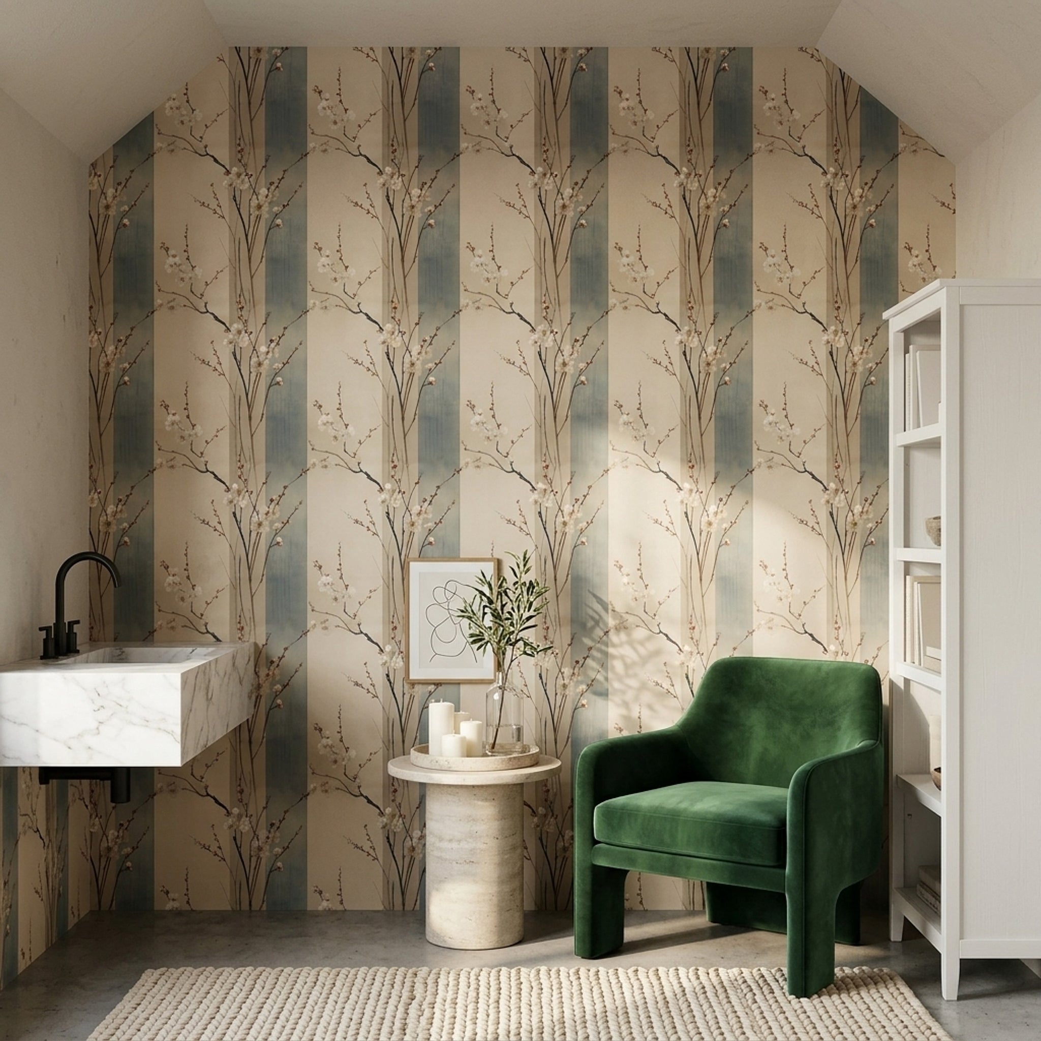 Floral Branches Wallpaper White Blossoms Removable Watercolor Wash Wall Double Roll