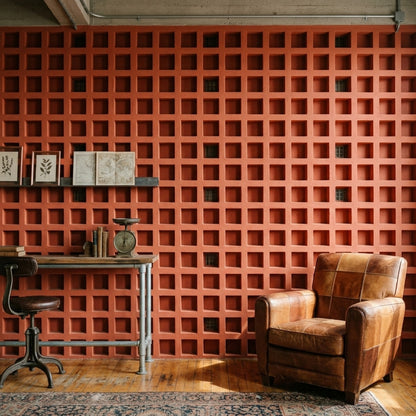 Architectural Facade Wallpaper Geometric Grid Recessed Squares Decorative Mural