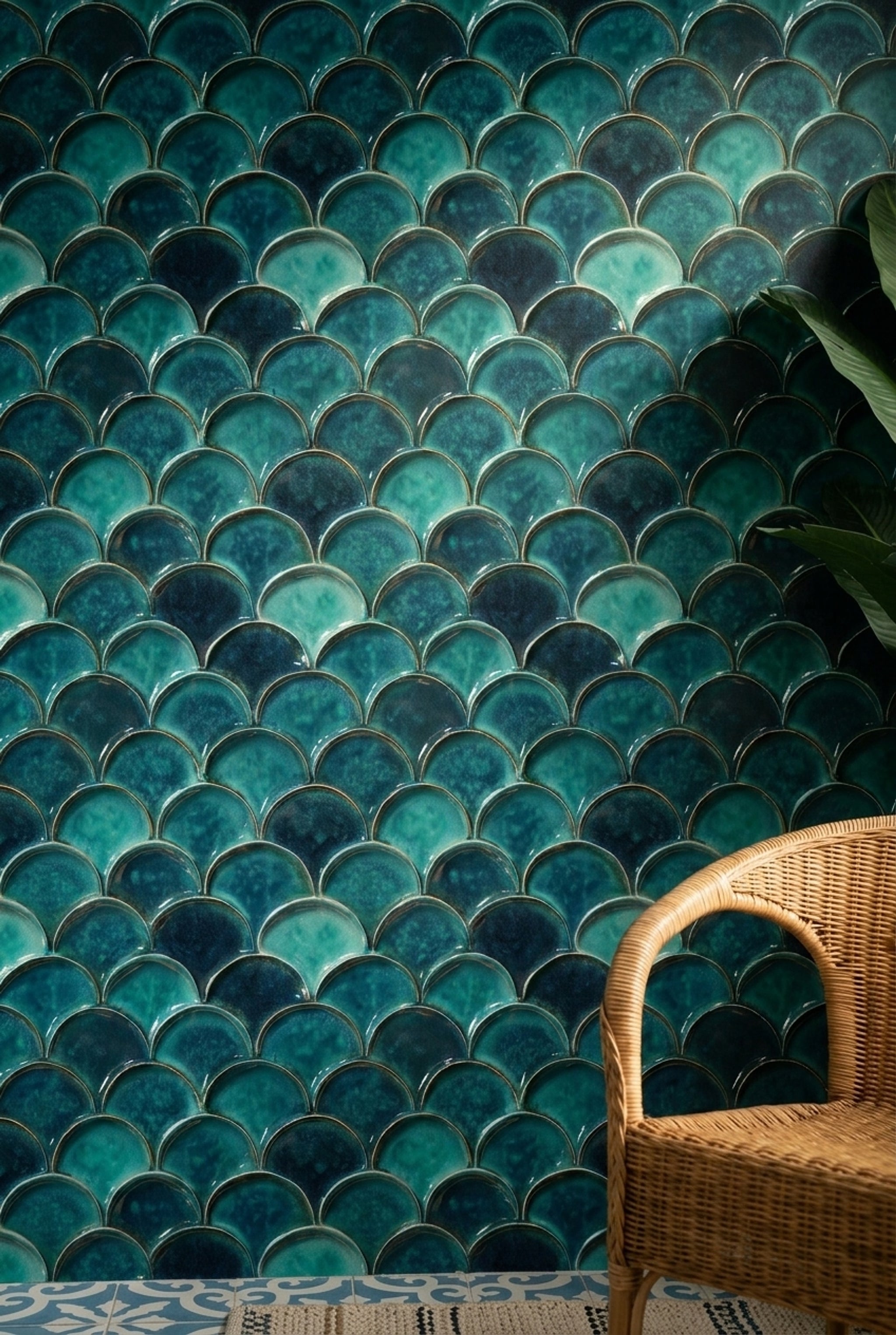 Scallop Tile Wallpaper Glossy Ceramic Metallic Outline Removable Wall Decor