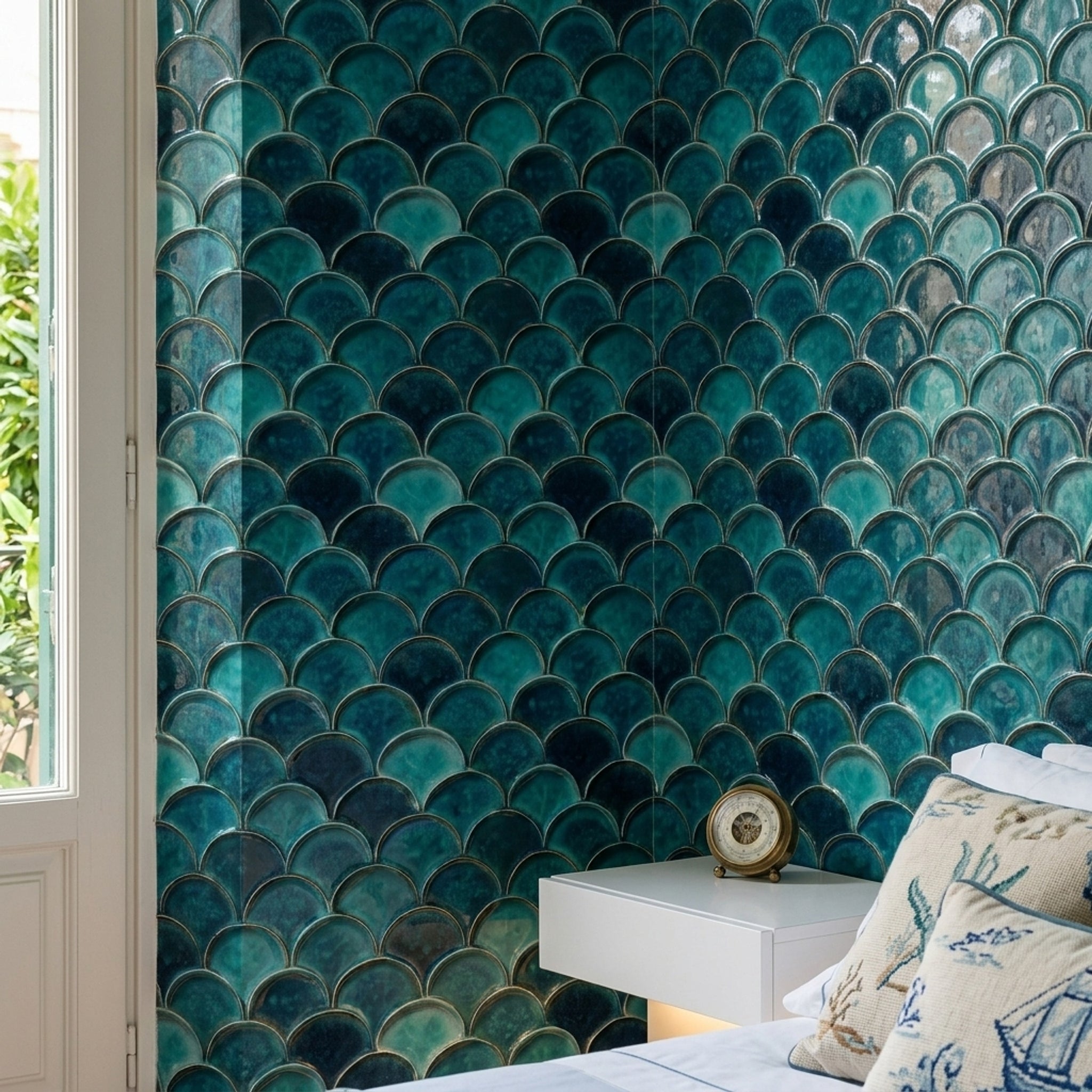 Scallop Tile Wallpaper Glossy Ceramic Metallic Outline Removable Wall Decor