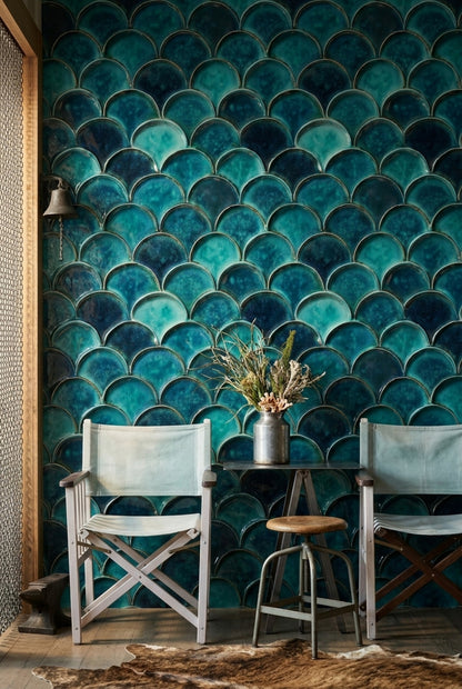 Scallop Tile Wallpaper Glossy Ceramic Metallic Outline Removable Wall Decor