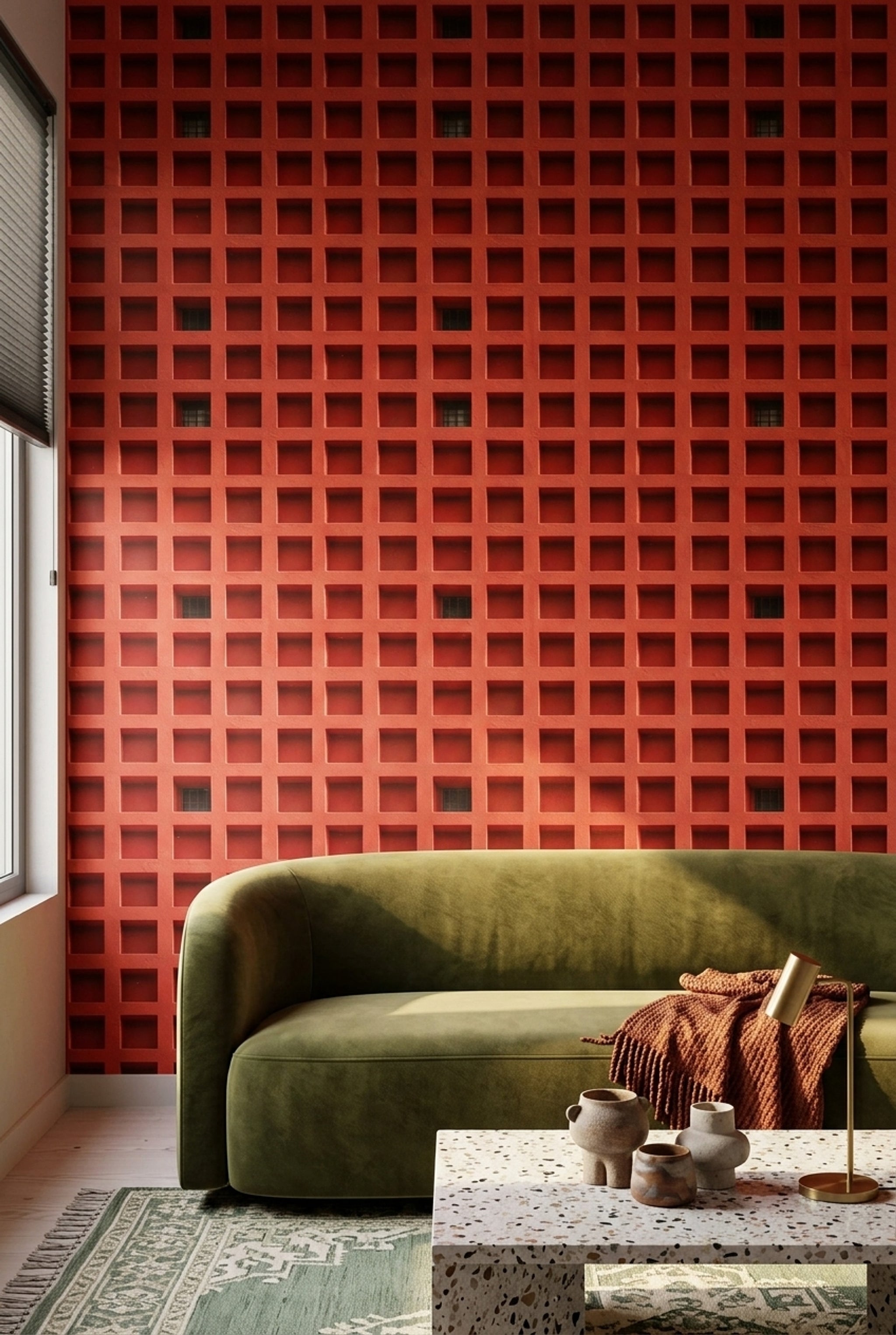 Architectural Facade Wallpaper Geometric Grid Recessed Squares Decorative Mural