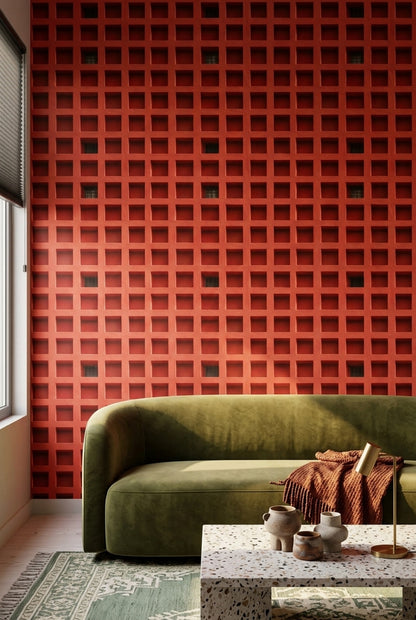 Architectural Facade Wallpaper Geometric Grid Recessed Squares Decorative Mural