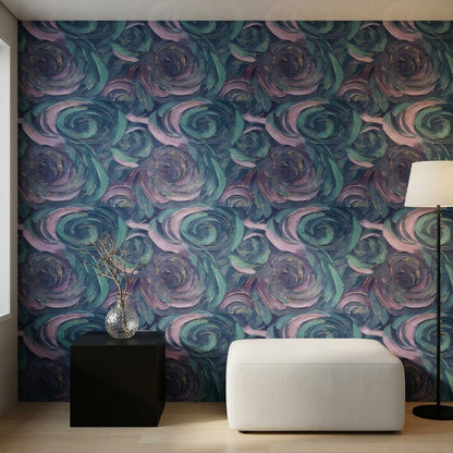 Dark Abstract Wallpaper Swirling Brushstrokes Removable Teal And Lavender Wall Double Roll