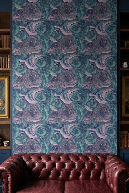 Dark Abstract Wallpaper Swirling Brushstrokes Removable Teal And Lavender Wall Double Roll