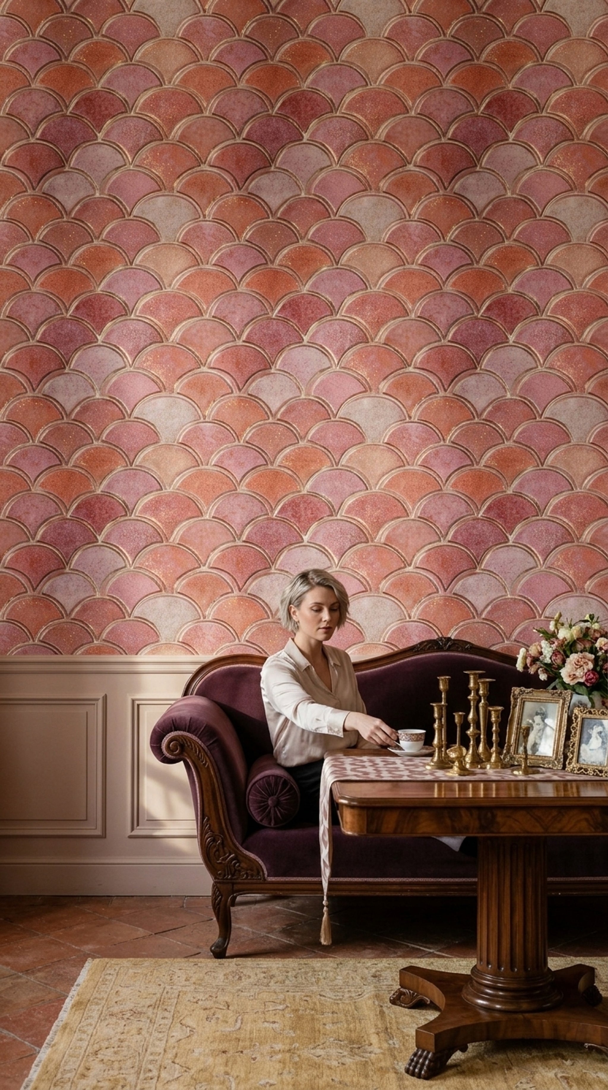 Scallop Pattern Wallpaper Fan Motif Geometric Decorative Mural