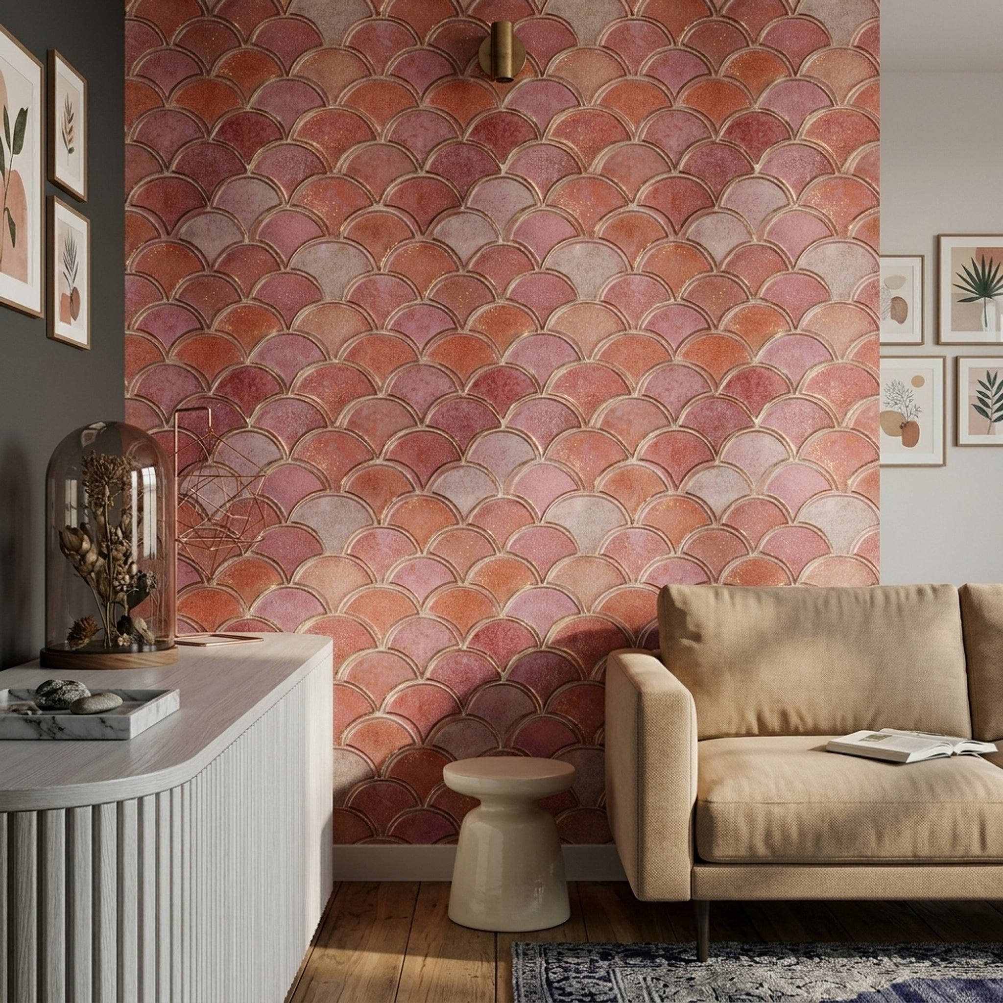 Scallop Pattern Wallpaper Fan Motif Geometric Decorative Mural