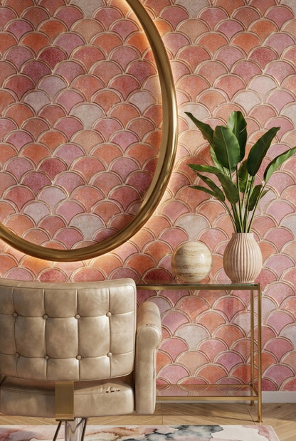 Scallop Pattern Wallpaper Fan Motif Geometric Decorative Mural