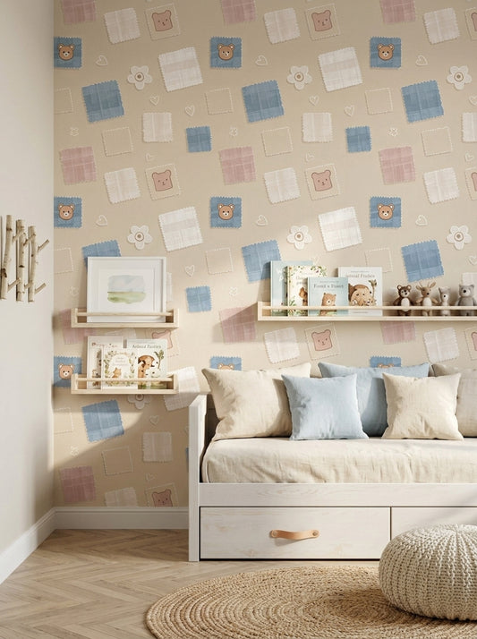 Patchwork Wallpaper Fabric Swatches Removable Teddy Bear Wall Double Roll