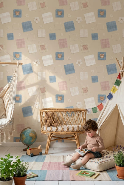 Patchwork Wallpaper Fabric Swatches Removable Teddy Bear Wall Double Roll