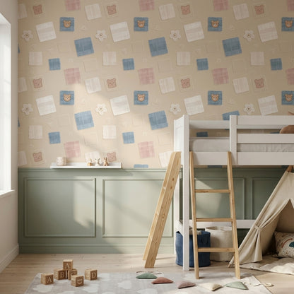 Patchwork Wallpaper Fabric Swatches Removable Teddy Bear Wall Double Roll