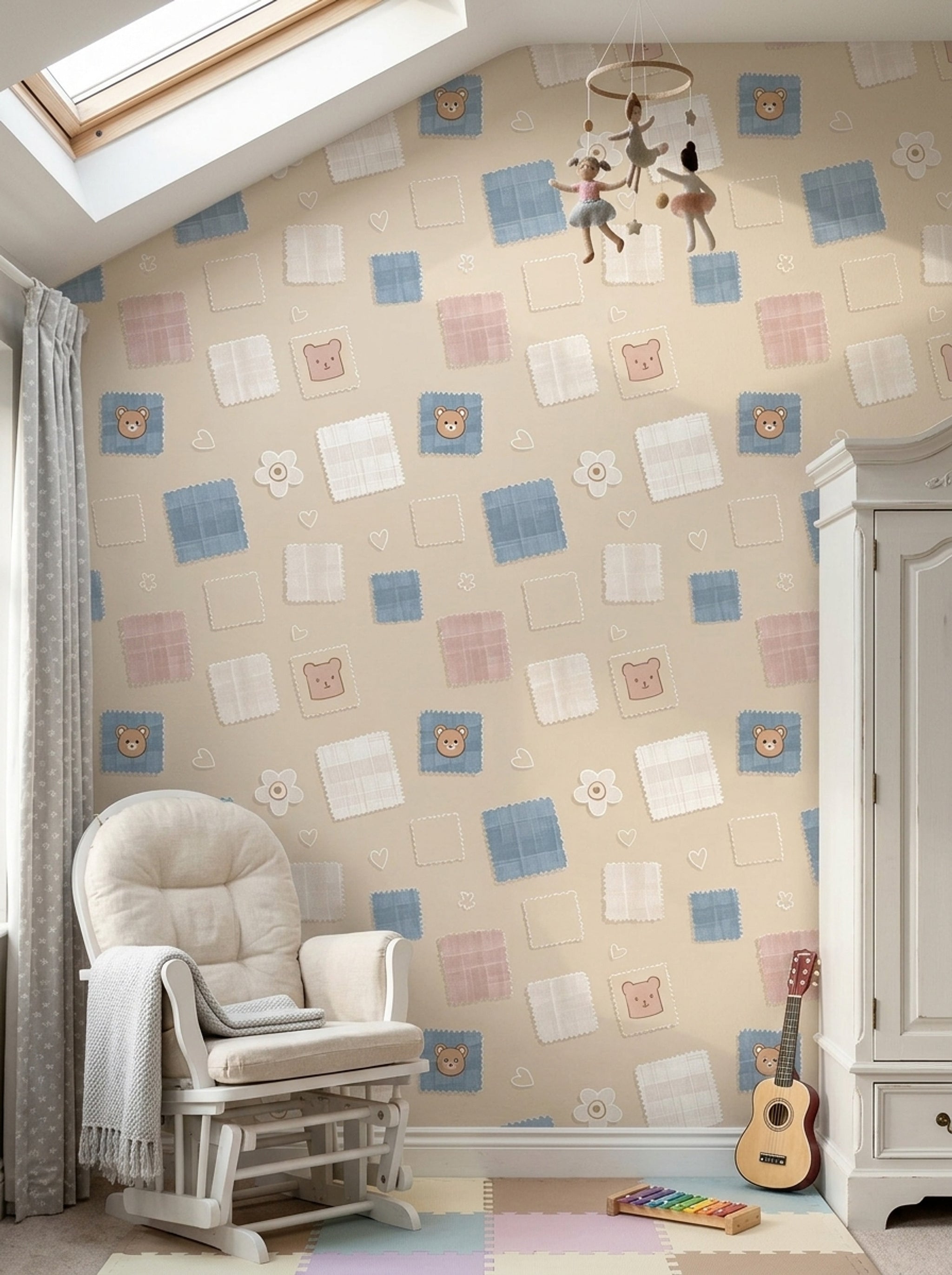 Patchwork Wallpaper Fabric Swatches Removable Teddy Bear Wall Double Roll