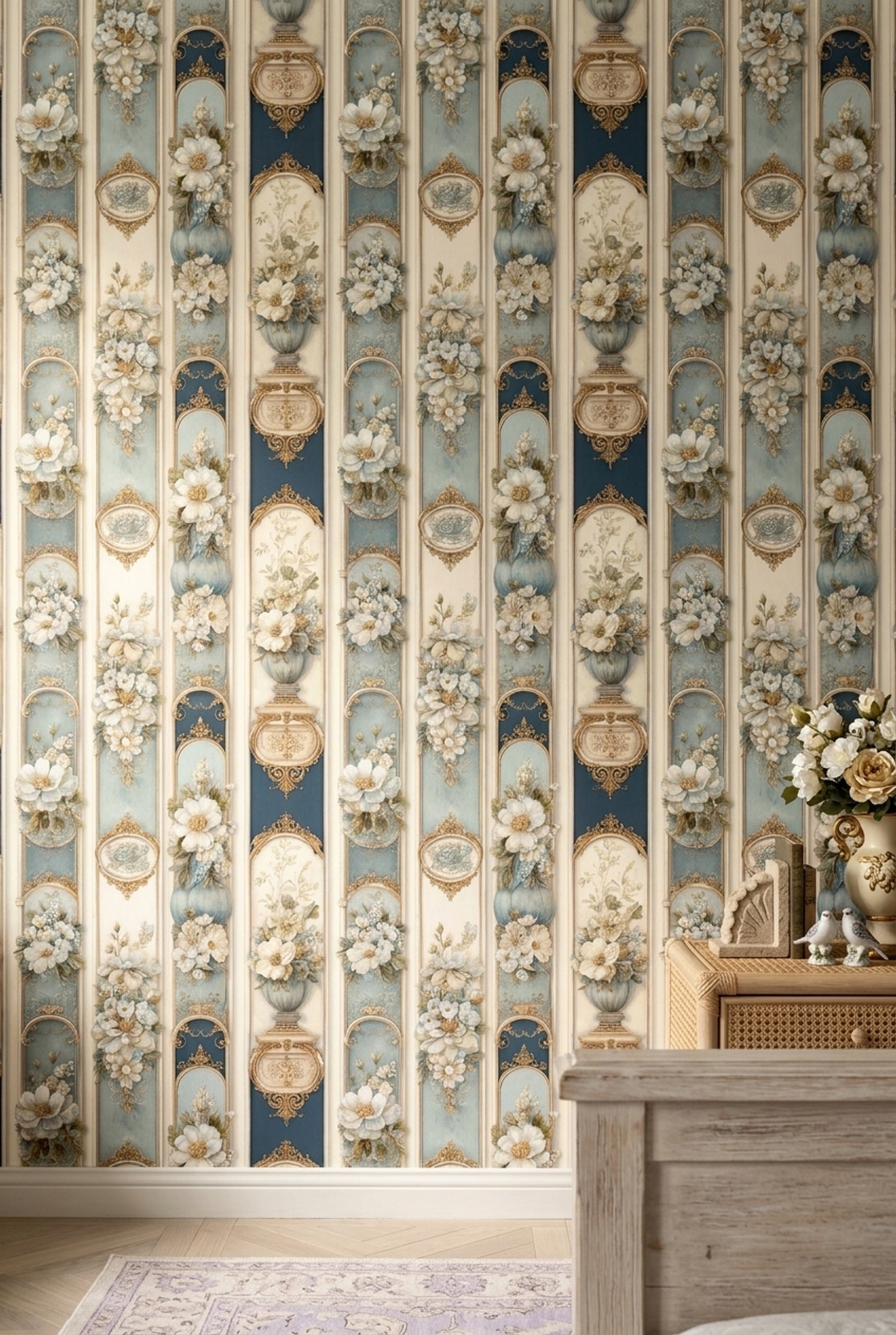 Floral Panels Wallpaper White Blossoms Gold Scrollwork Removable Wall Decor