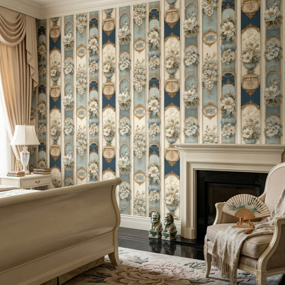 Floral Panels Wallpaper White Blossoms Gold Scrollwork Removable Wall Decor