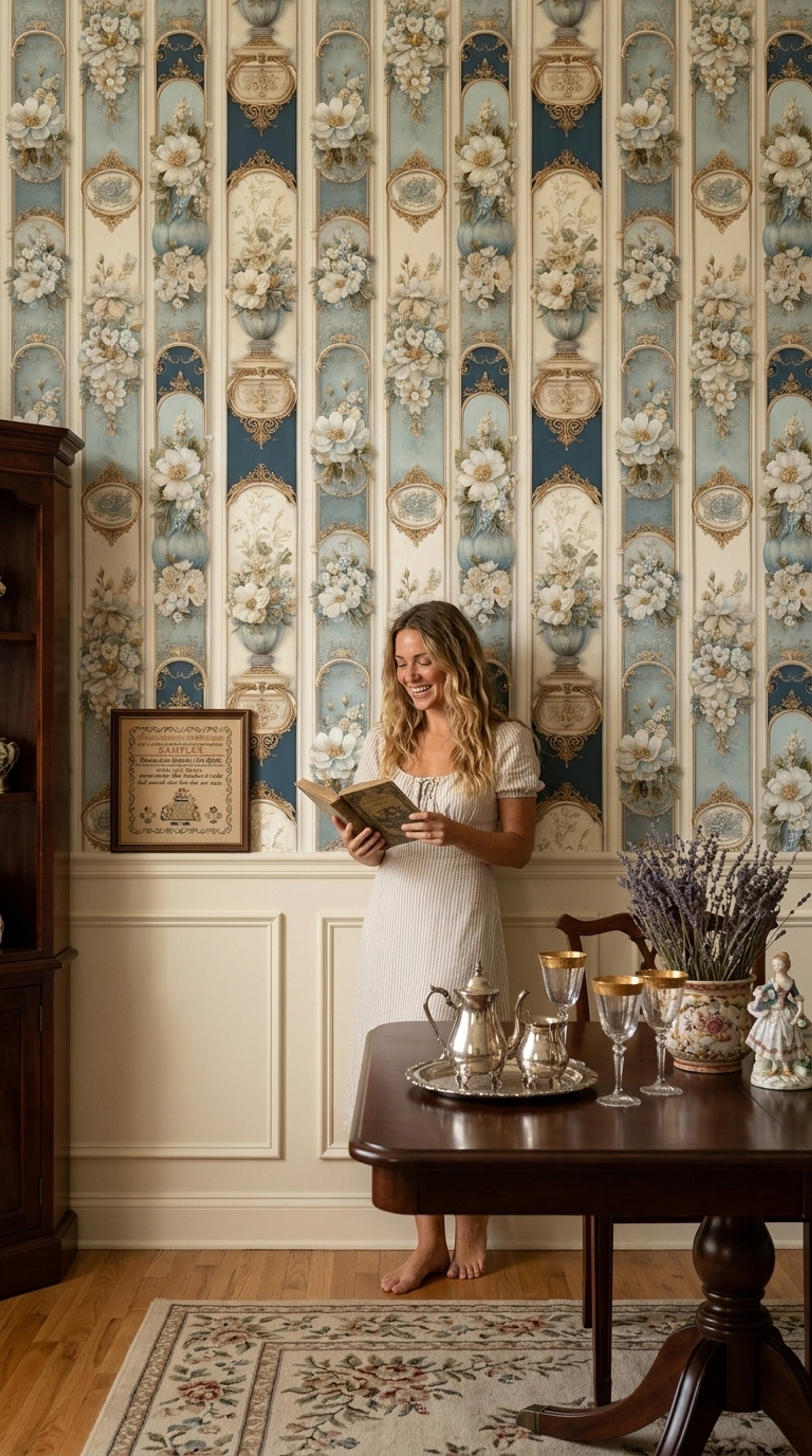 Floral Panels Wallpaper White Blossoms Gold Scrollwork Removable Wall Decor