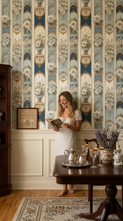 Floral Panels Wallpaper White Blossoms Gold Scrollwork Removable Wall Decor
