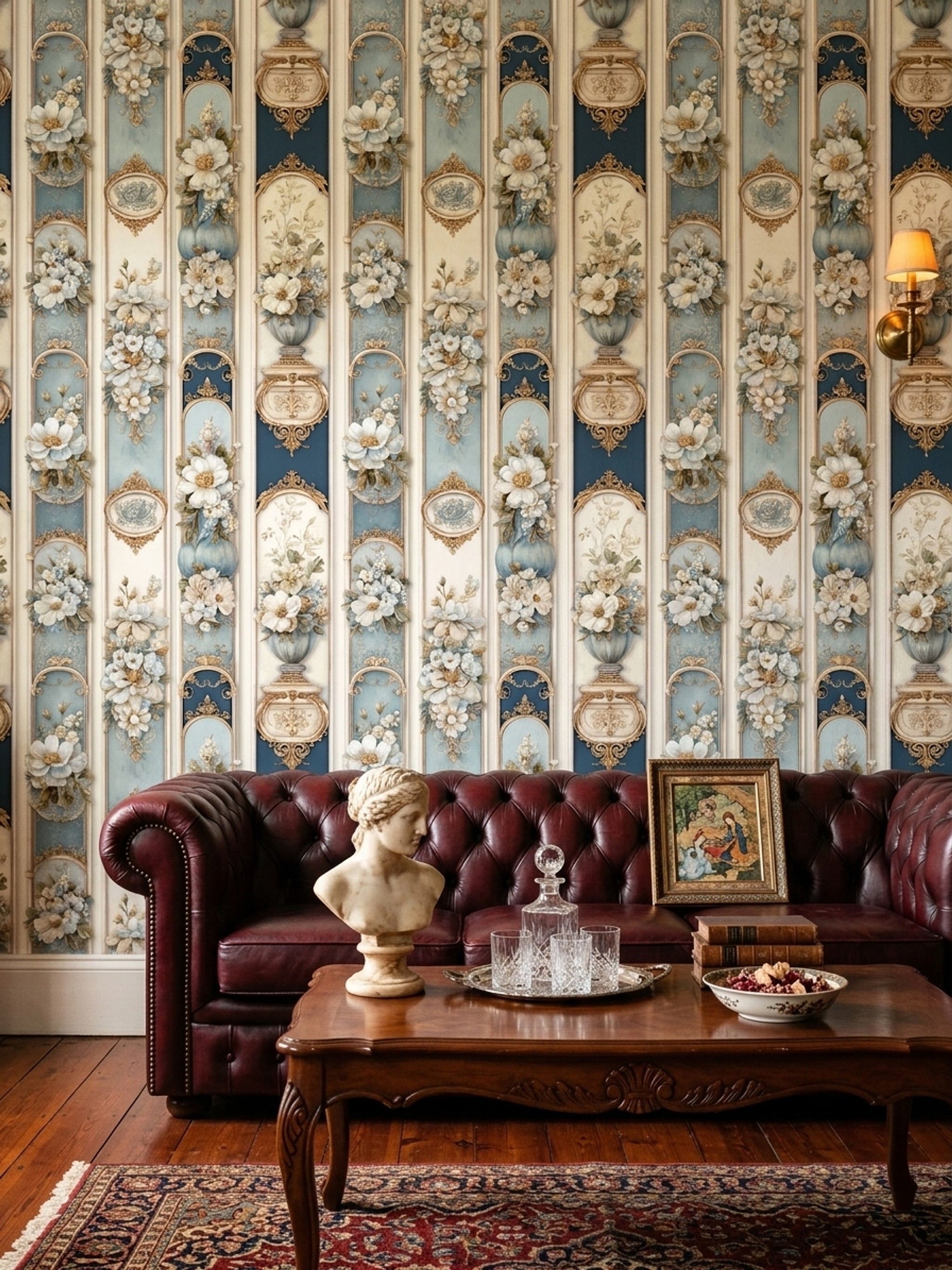 Floral Panels Wallpaper White Blossoms Gold Scrollwork Removable Wall Decor