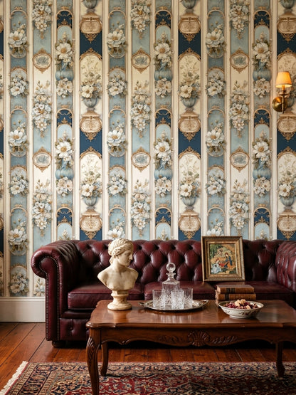 Floral Panels Wallpaper White Blossoms Gold Scrollwork Removable Wall Decor