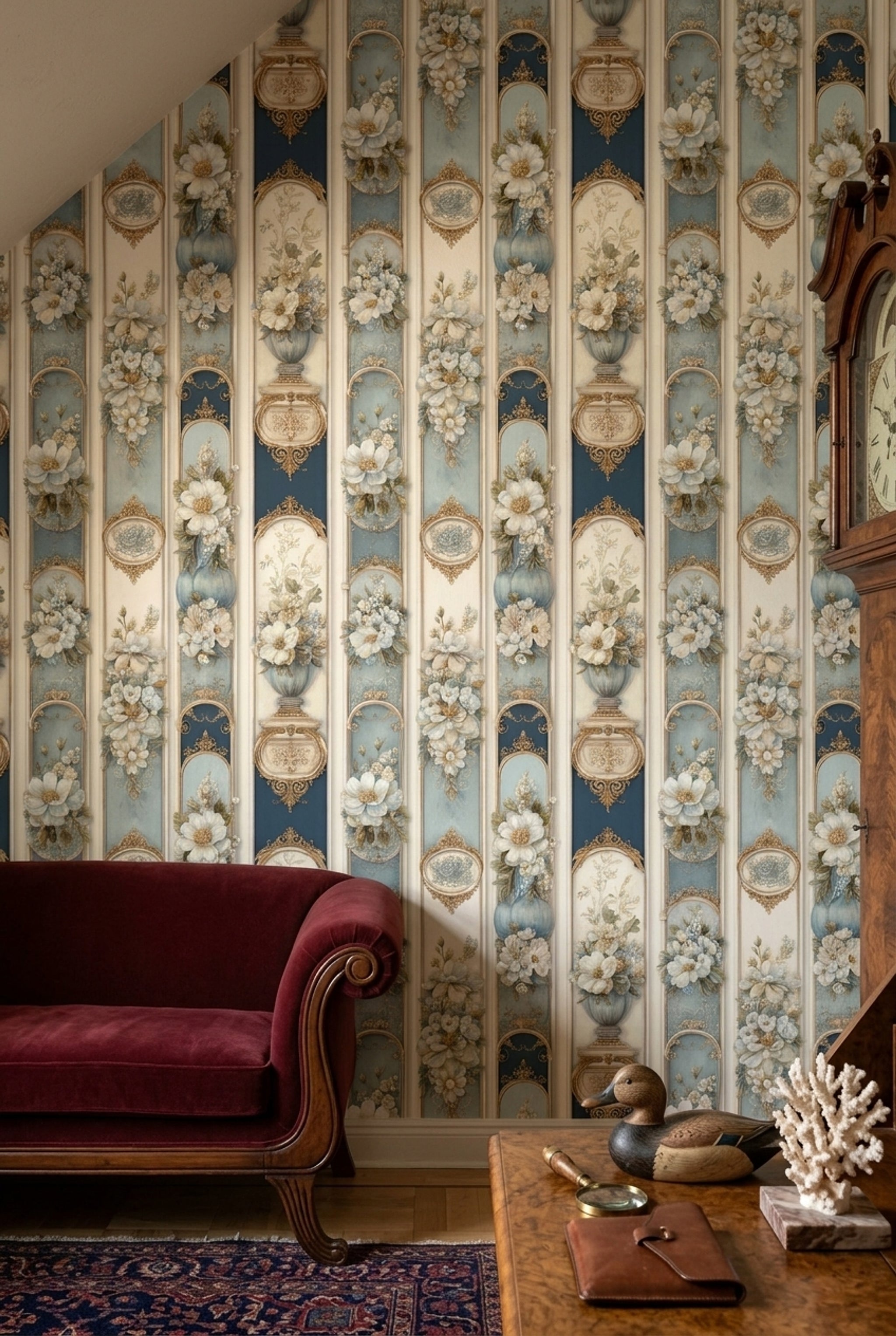 Floral Panels Wallpaper White Blossoms Gold Scrollwork Removable Wall Decor