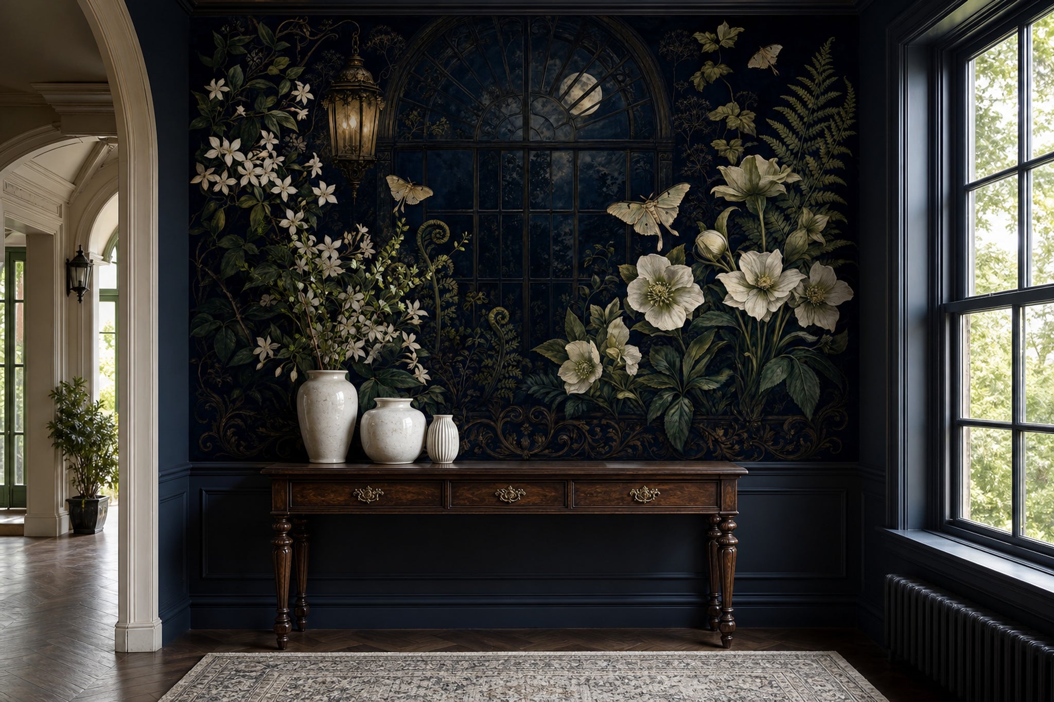 Night Garden Wallpaper Arched Window Lantern Removable Wall Decor