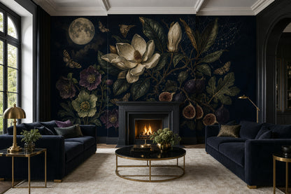 Nocturnal Botanical Wallpaper Moon Magnolia Flower Removable Wall Decor