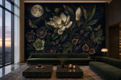 Nocturnal Botanical Wallpaper Moon Magnolia Flower Removable Wall Decor