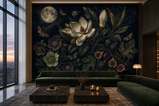 Nocturnal Botanical Wallpaper Moon Magnolia Flower Removable Wall Decor