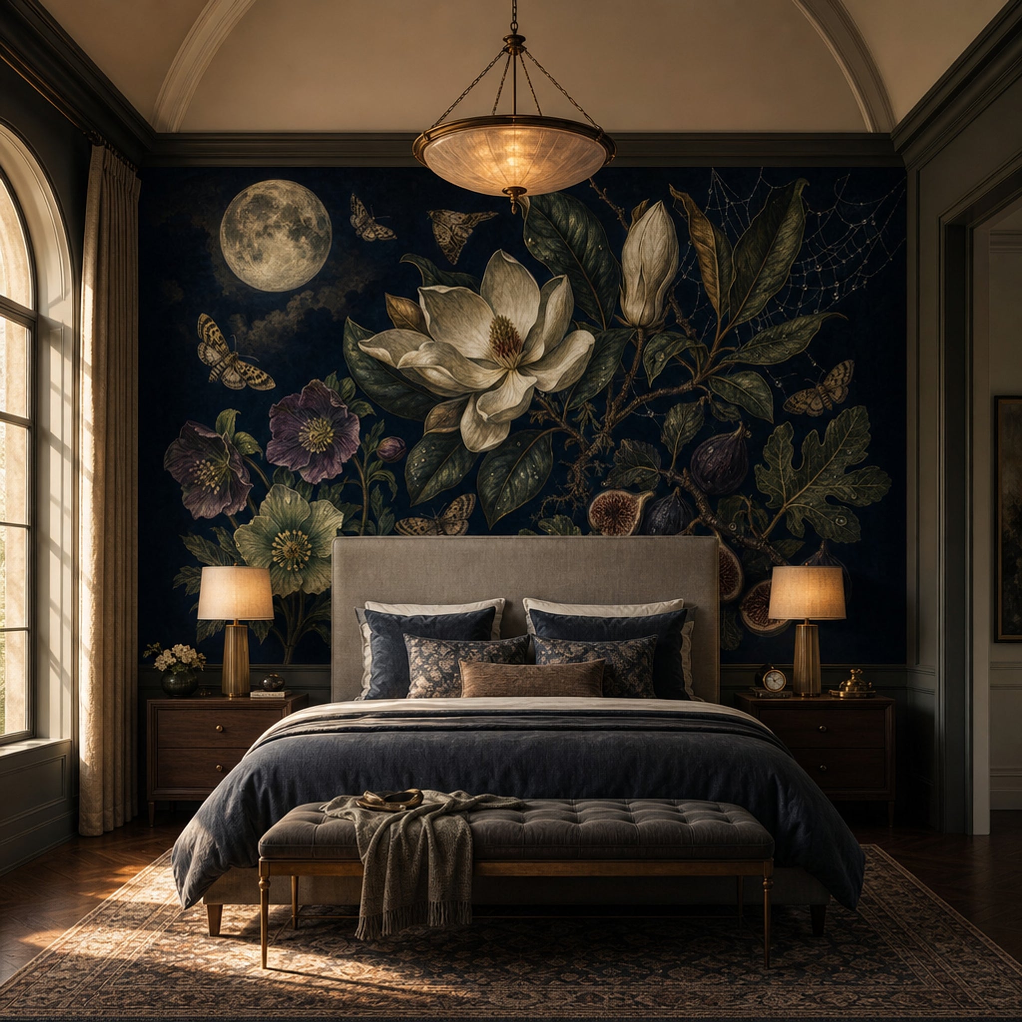 Nocturnal Botanical Wallpaper Moon Magnolia Flower Removable Wall Decor